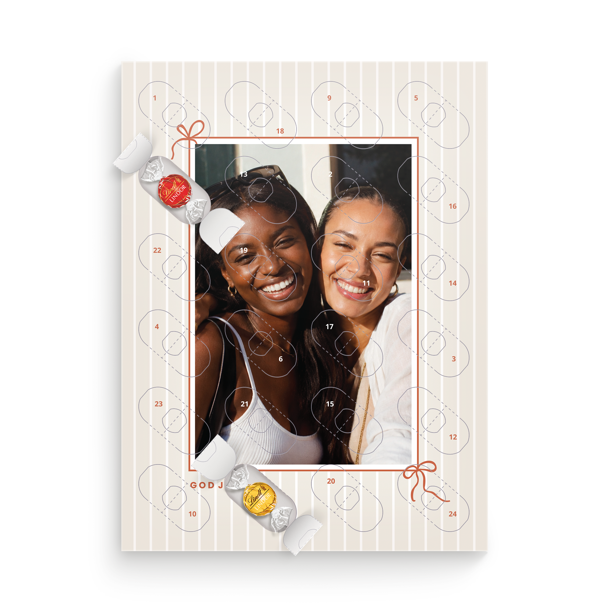 Personaliserad adventskalender med Lindor Assorti Mix tryckt med eget foto och design