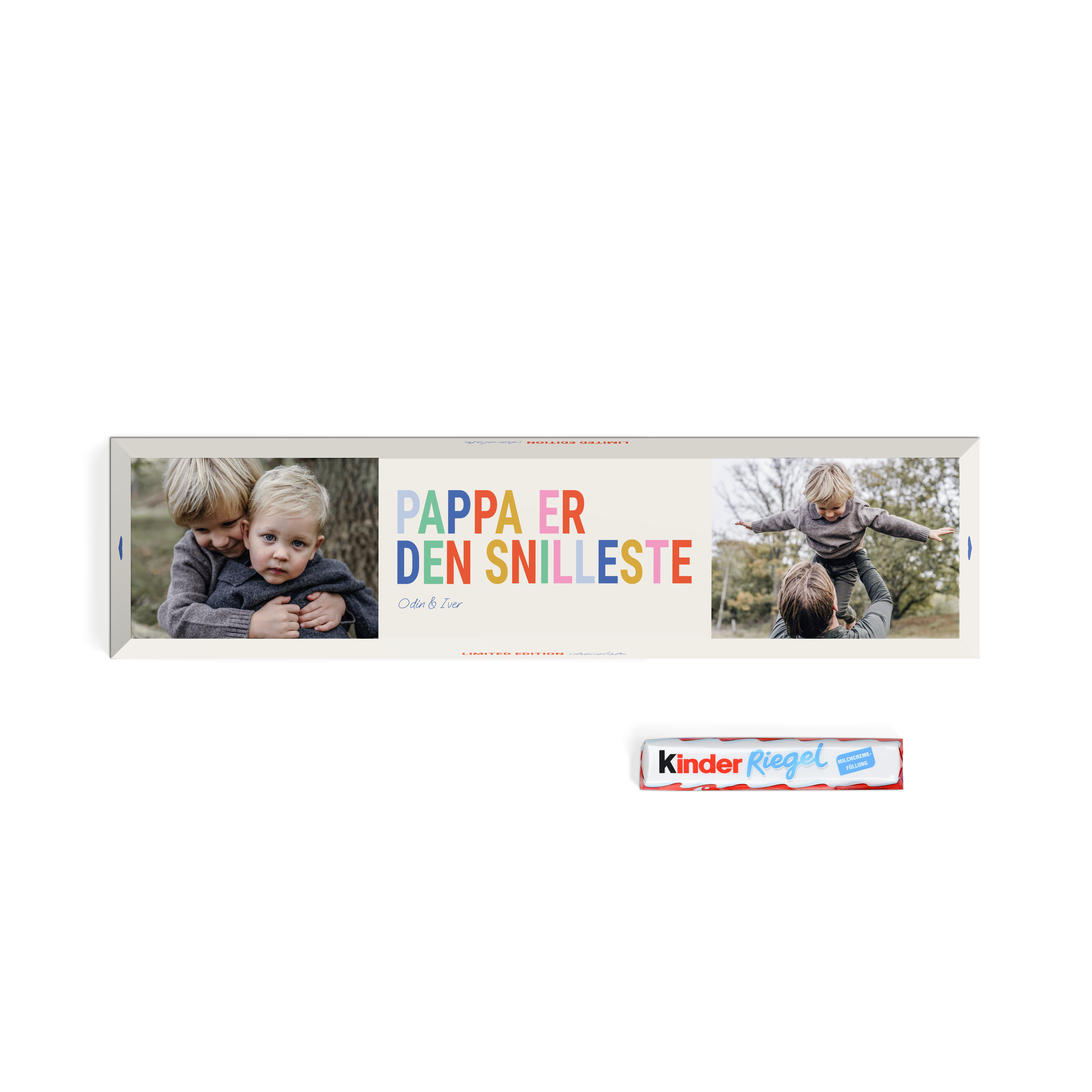 Personlig kinder sjokolade XXL bar med navn Odin & Iver og foto, trykket med teksten Pappa er den snilleste.