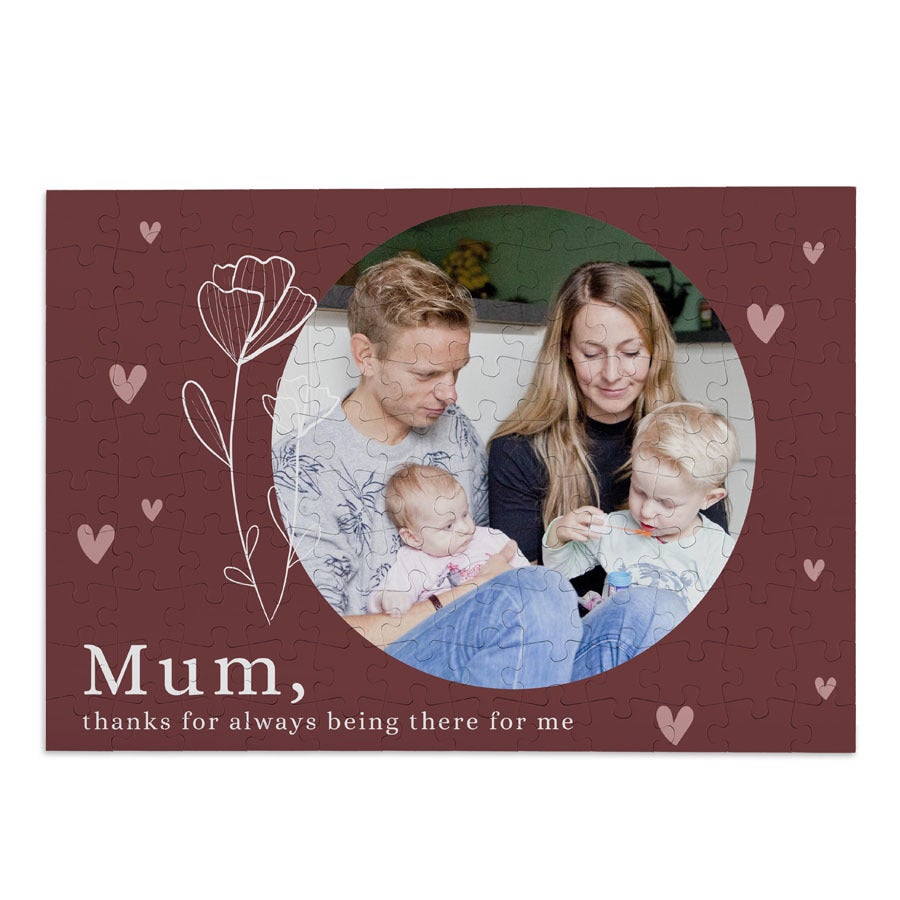 Personalized puzzle with a family photo and "Mum, thanks for always being there for me" printed for Mothers Day