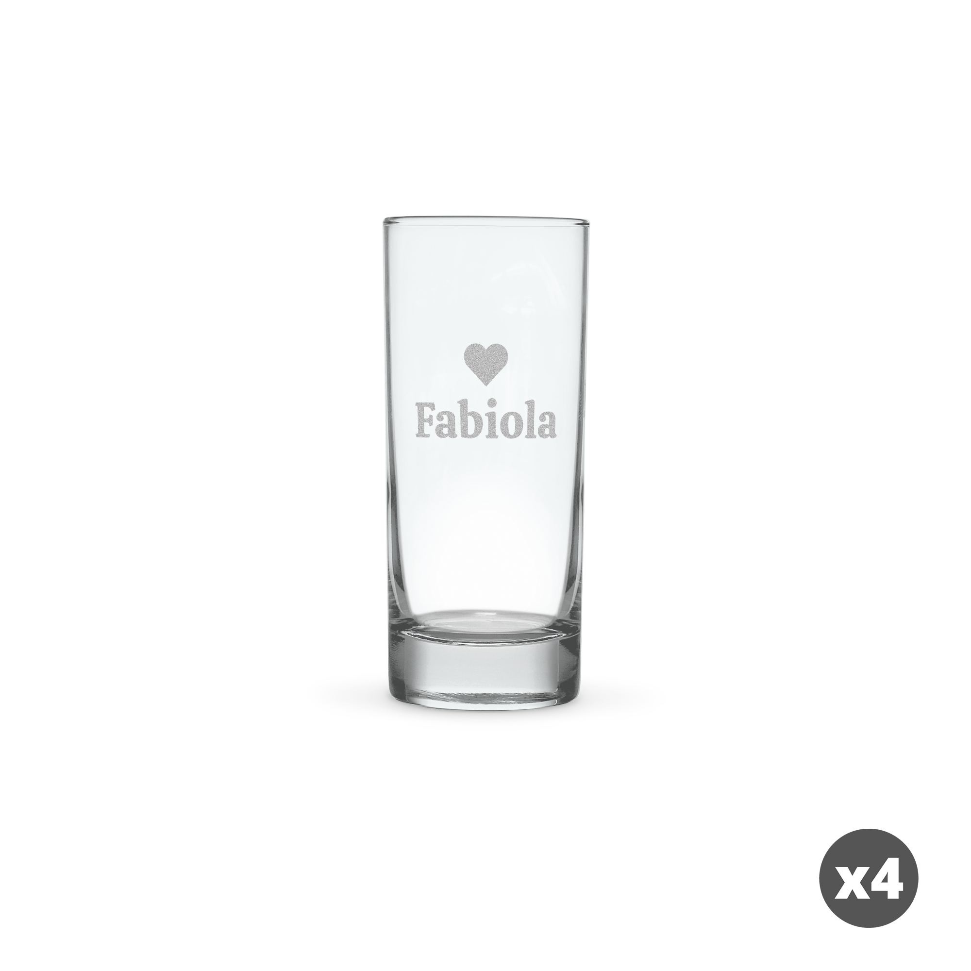 Bicchiere highball personalizzato in vetro trasparente inciso con un cuore e il nome Fabiola