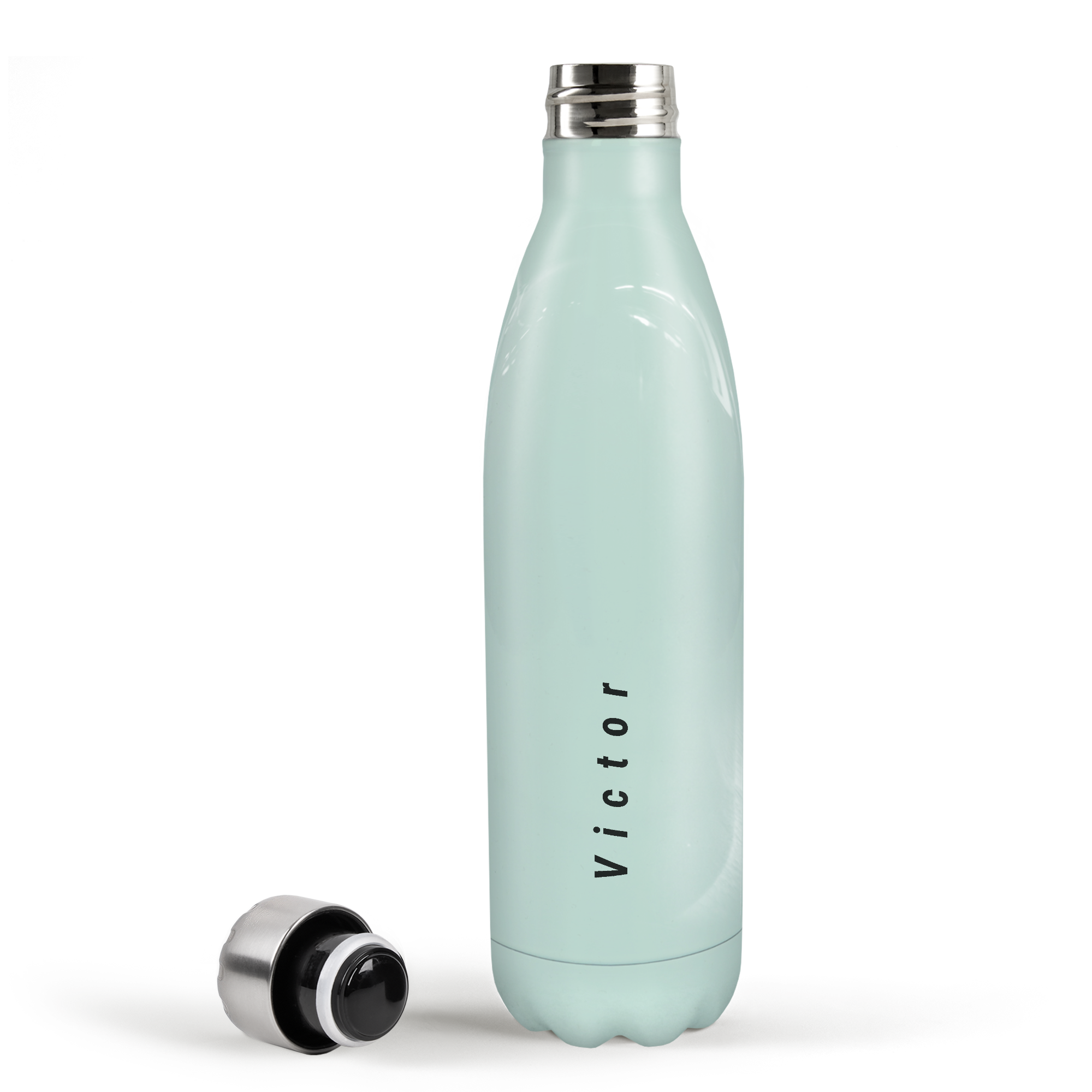 Bouteille thermos personnalisée vert menthe avec le prénom Victor imprimé