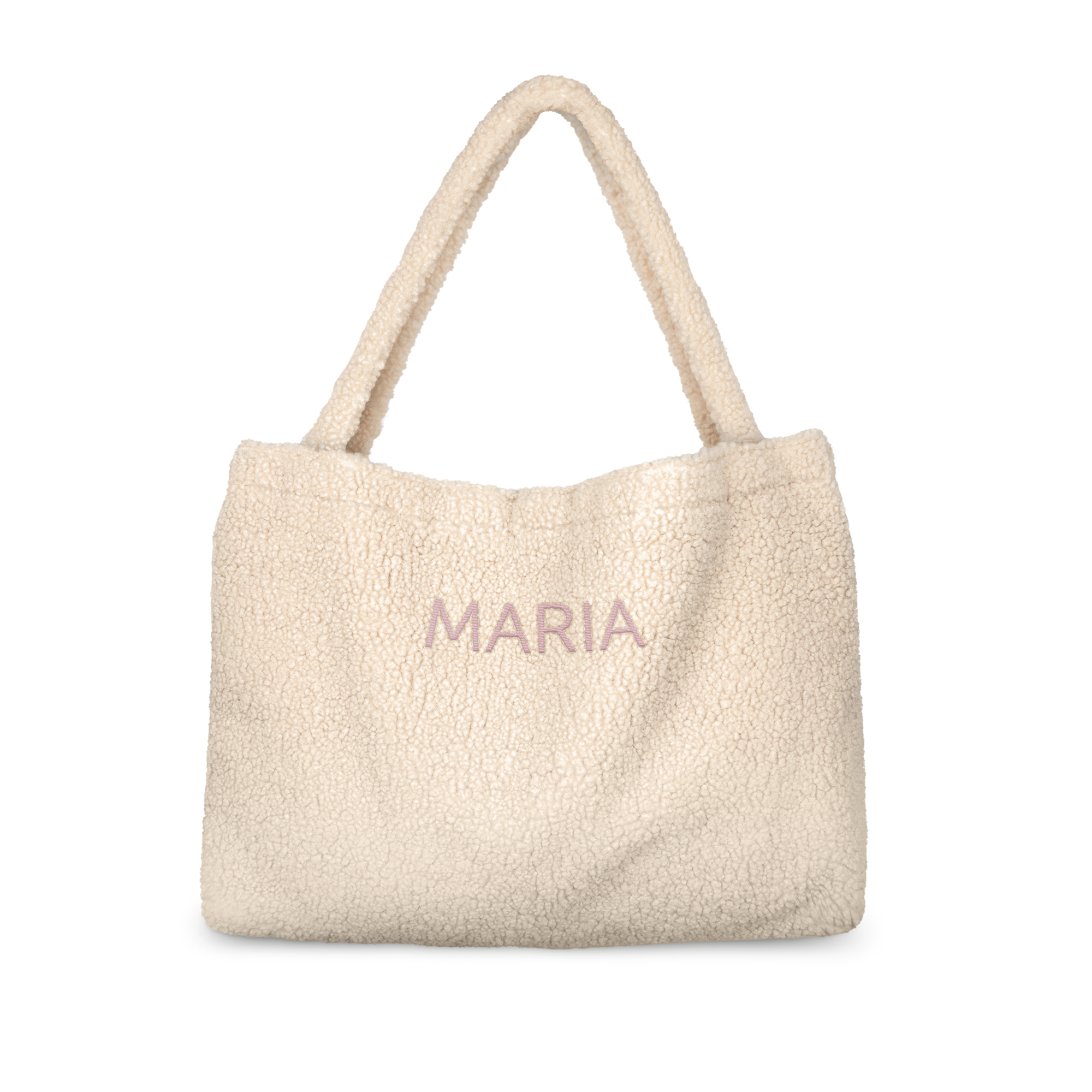 Bolsa de pelúcia creme personalizada com o nome "MARIA" bordado em rosa para surpreender seus entes queridos.
