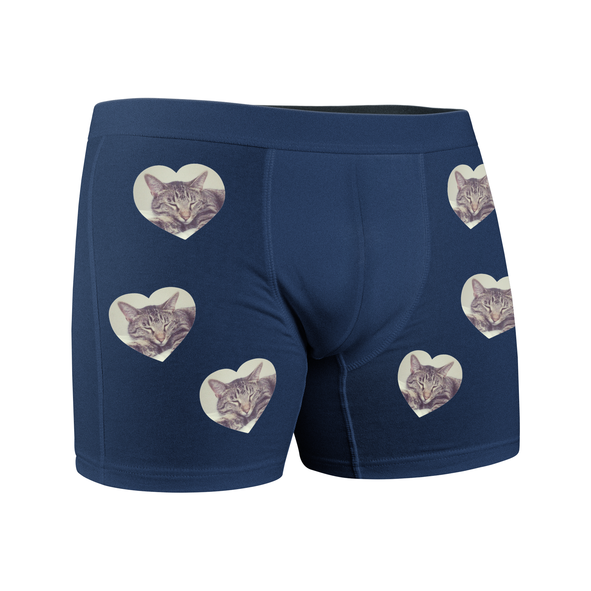 Dunkelblaue Unterhose mit mehreren herzförmigen Fotodrucken einer Katze, eine Unterhose mit Foto für Tierliebhaber
