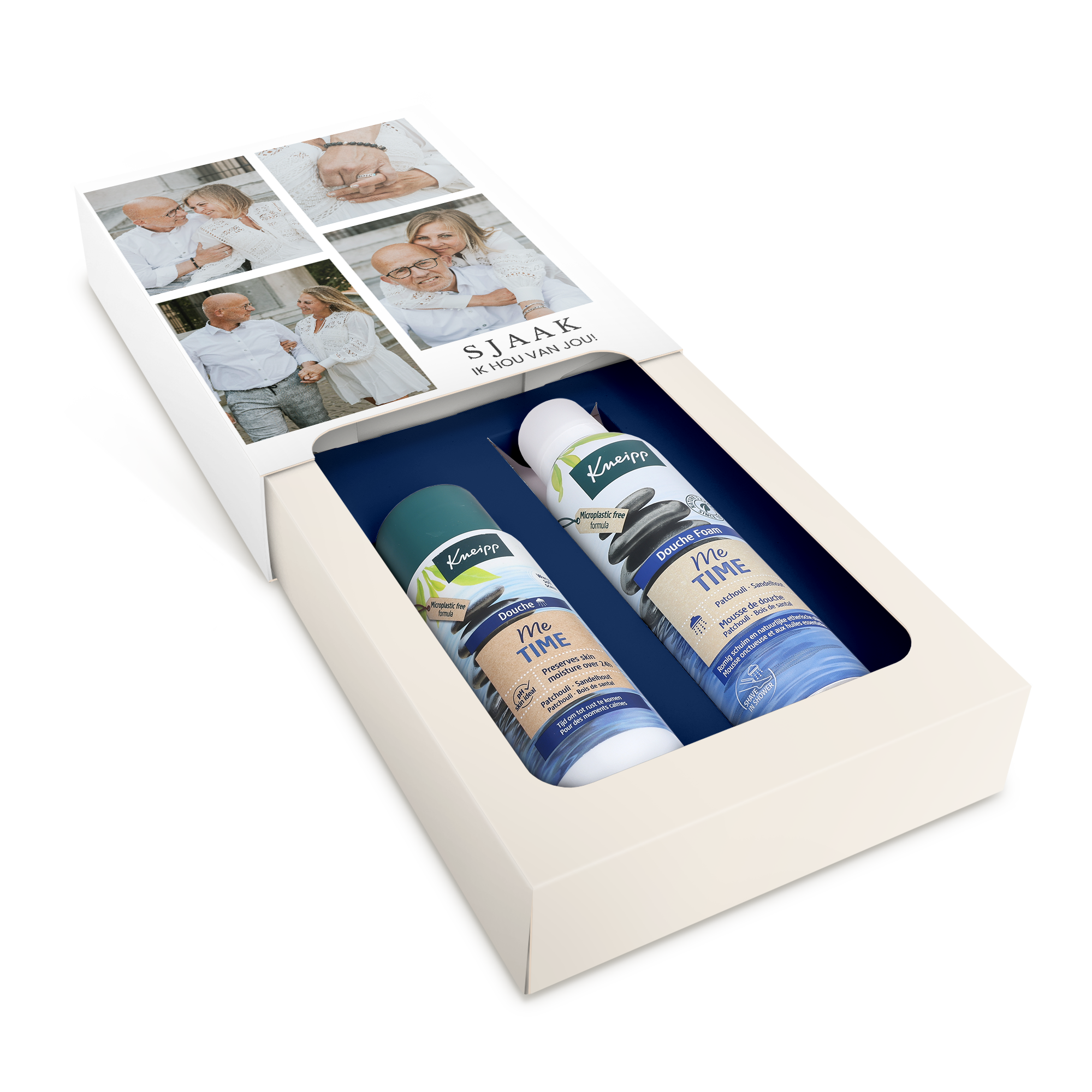 Gepersonaliseerde Kneipp wellness cadeaubox met foto's en tekst 'Sjaak ik hou van jou!', perfect om te verrassen
