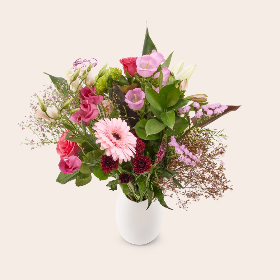 Blumenstrauß Rosa Farbenfroher Strauß Pflückblumen mit roten Rosen, pinken Gerbera und gratis personalisierter Geschenkkarte