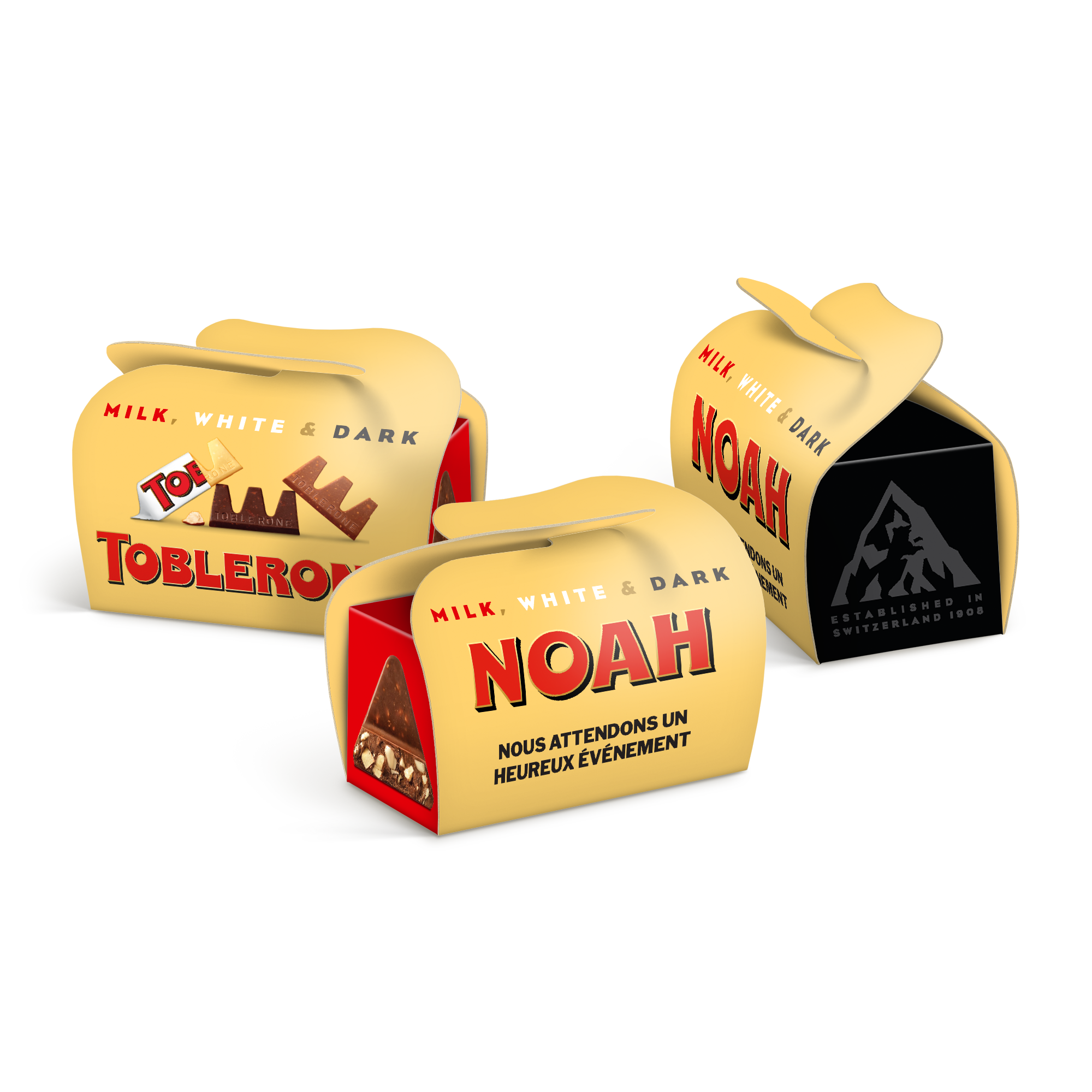 Mini Toblerone personnalisés dans des boîtes cadeaux avec le prénom Noah et le texte Nous attendons un heureux événement, pour créer des moments inoubliables.
