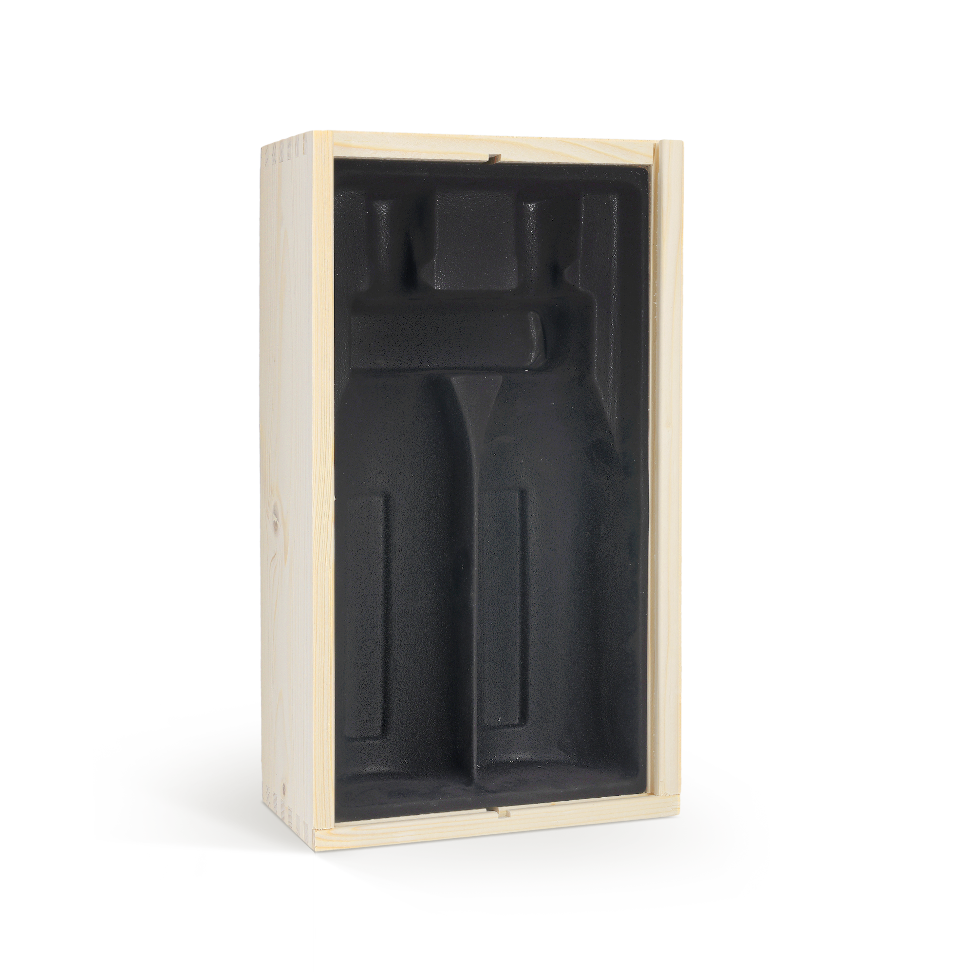 Light wooden case with a black interior insert for a wine or champagne bottle to create a lovely personalised wooden case