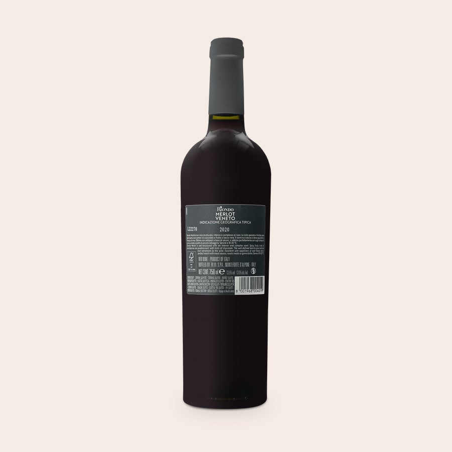 Riondo Merlot Sticlă de vin Riondo Merlot, cu etichetă personalizată cu textul Riondo Merlot Veneto 2020.
