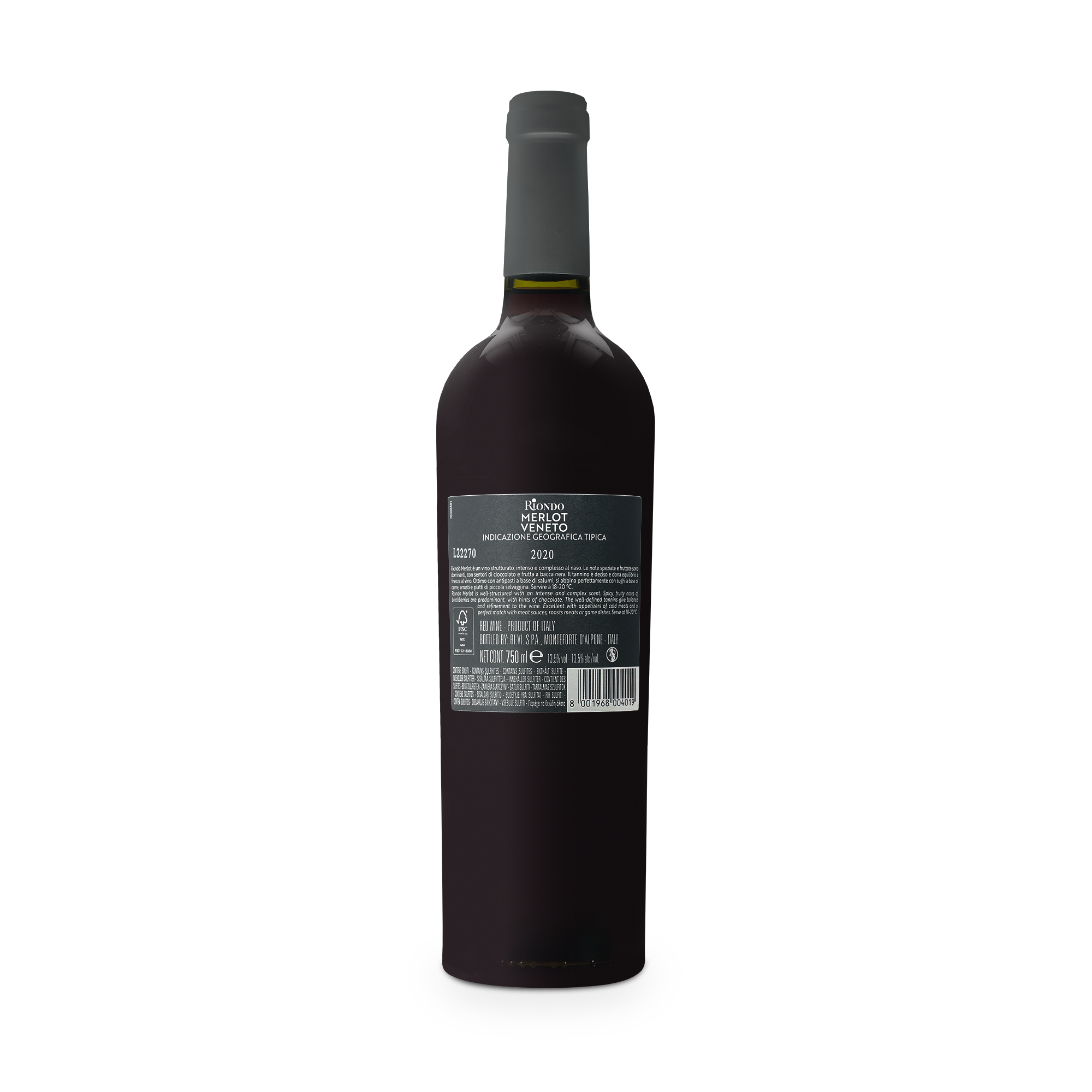 Botella de vino tinto Riondo Merlot con etiqueta impresa mostrando el año 2020, ideal como regalo personalizado.