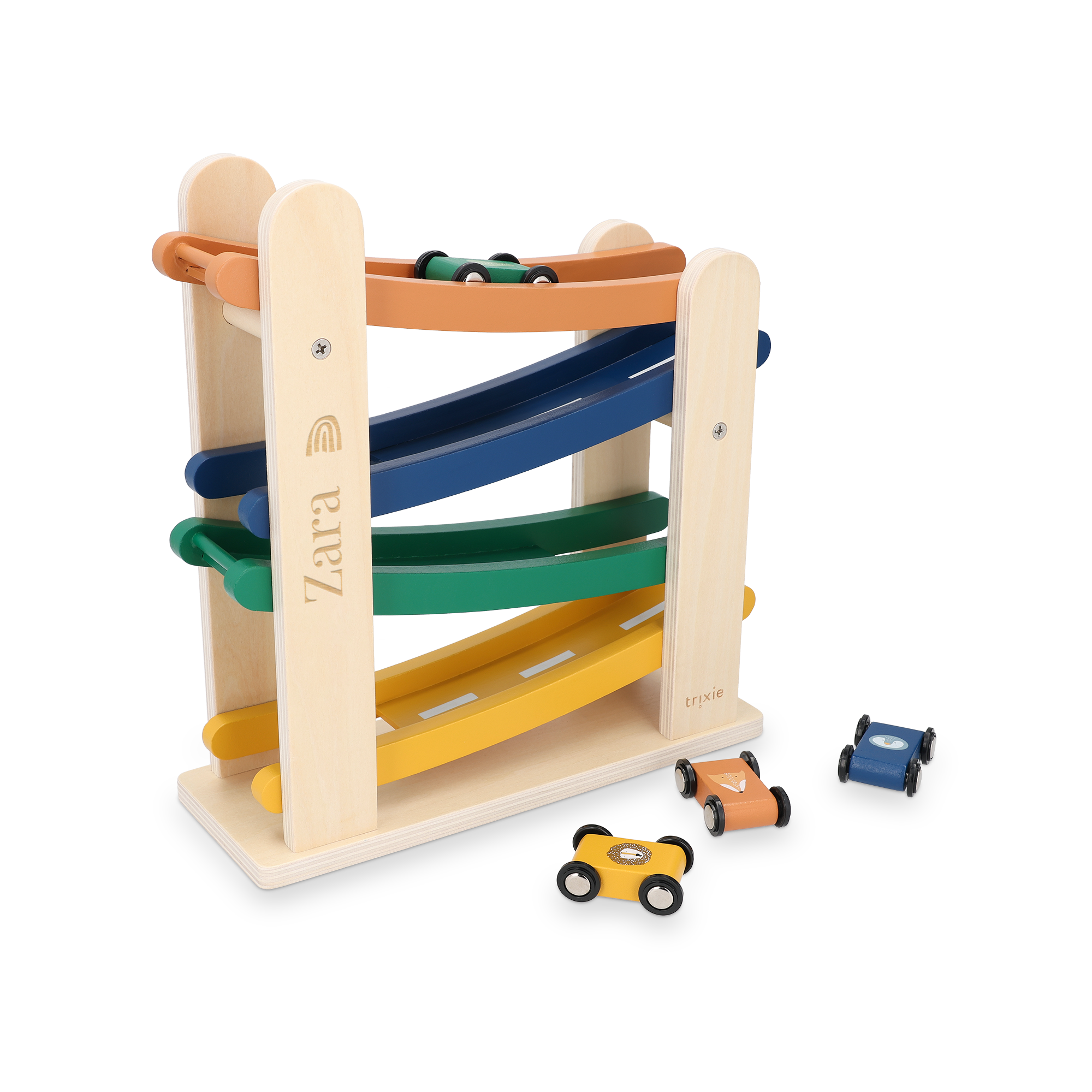 Simpatica rampa da corsa in legno con nome "Zara" inciso e piste colorate, ideale per i più piccoli