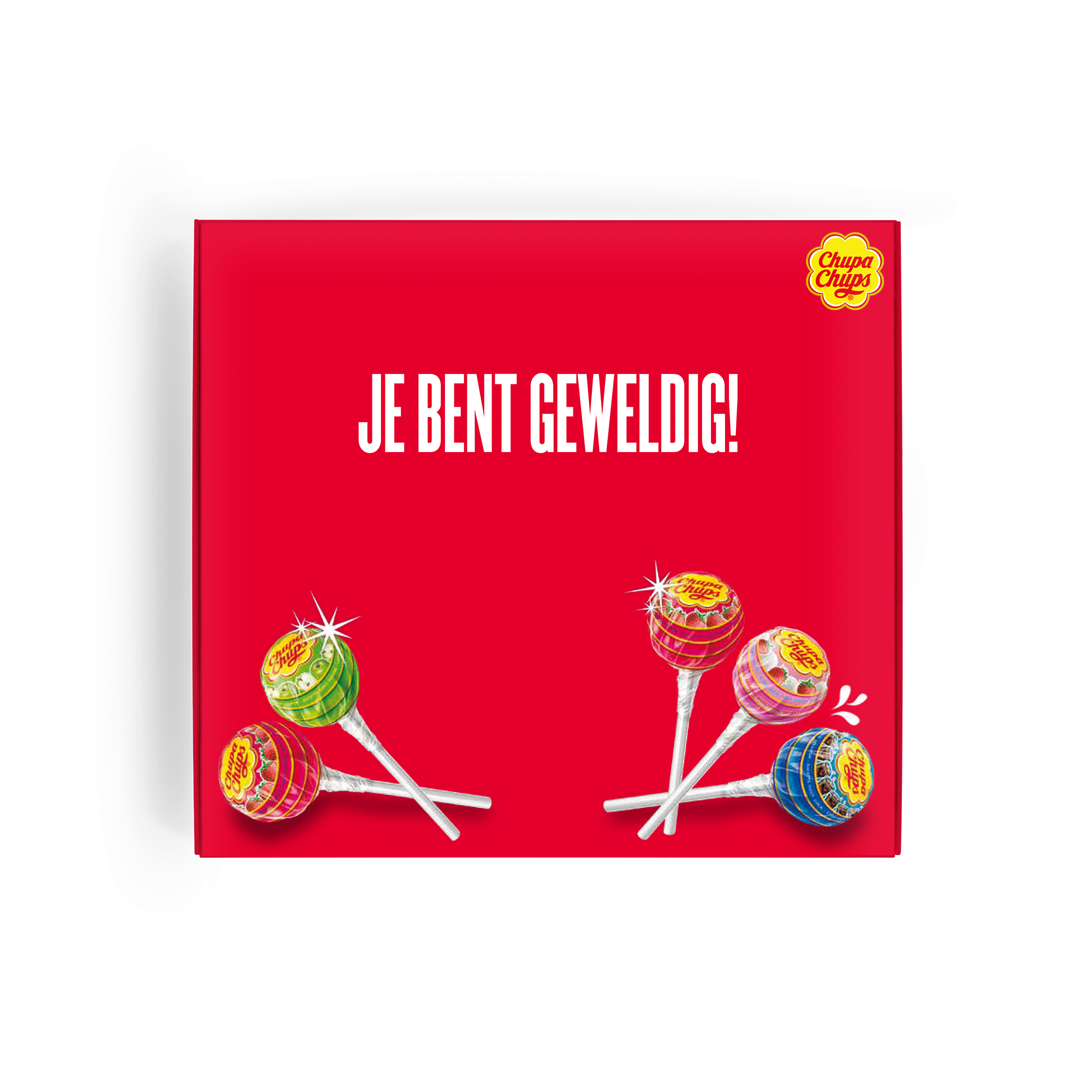 Rood Chupa Chups brievenbuscadeau, bedrukt met "JE BENT GEWELDIG!" en diverse lolly's, voor een gepersonaliseerde Chupa Chups-traktatie.