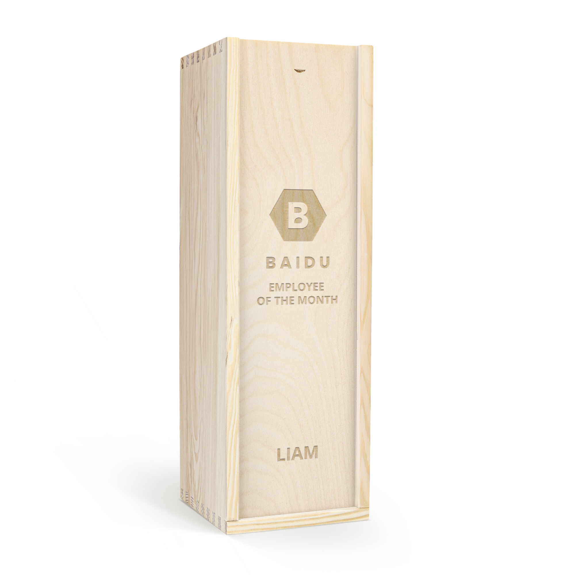 Highland Park 12 Years whisky in an engraved wooden case with a personalized name and BAIDU EMPLOYEE OF THE MONTH text