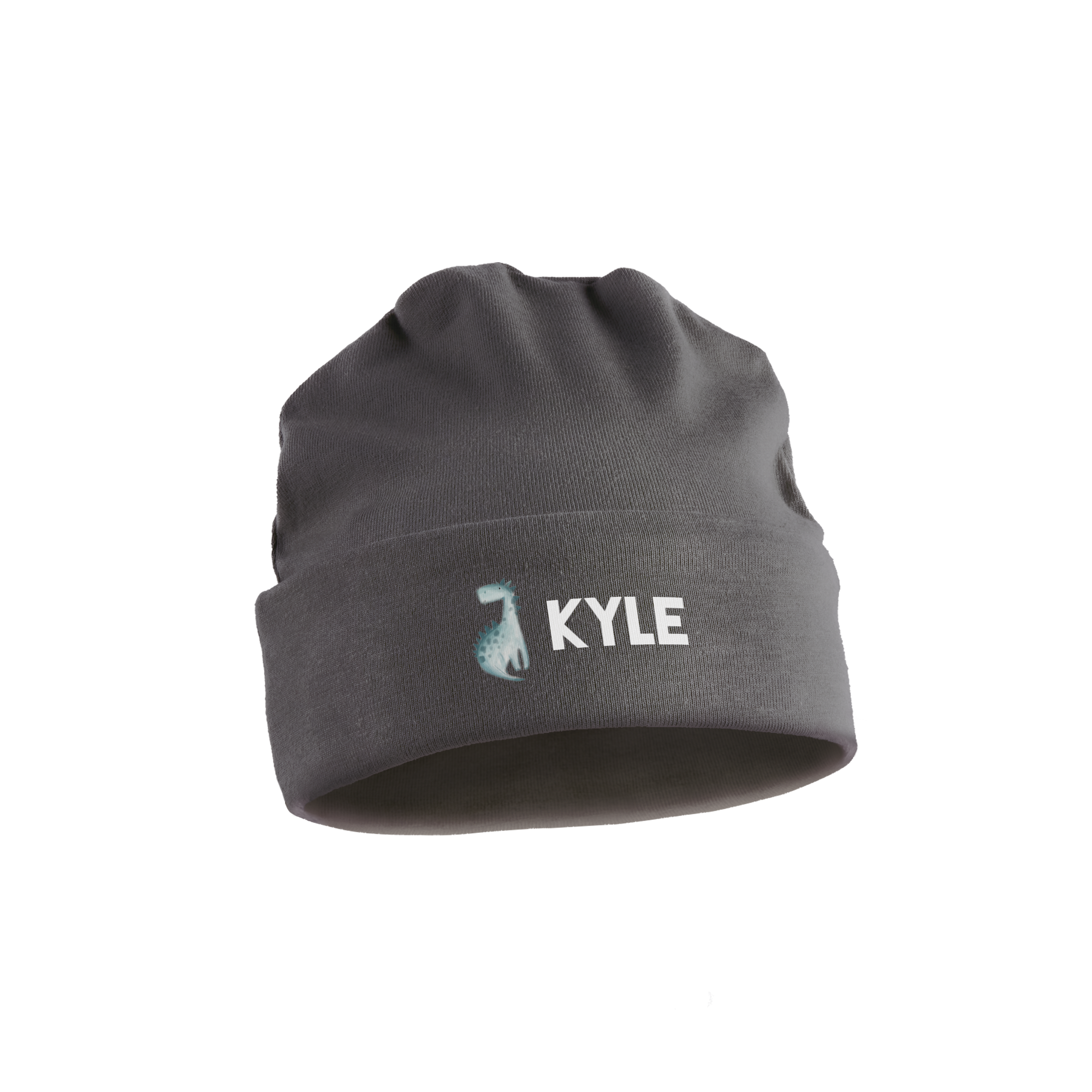 Cappello da neonato grigio personalizzato con stampa di un dinosauro e il nome Kyle
