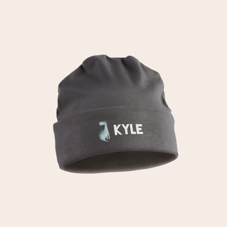 Berretto da Neonato Cappello da neonato grigio personalizzato con stampa di un dinosauro e il nome Kyle