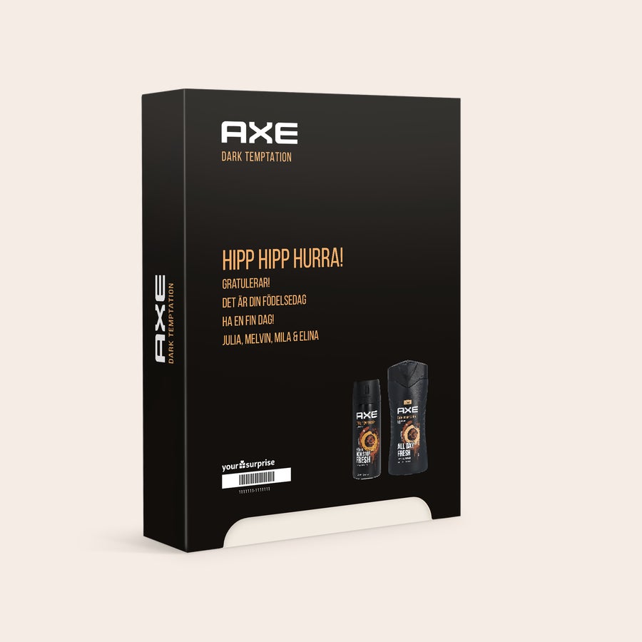 Personlig yxa presentset - Dark Temptation Personligt Axe-presentset med Dark Temptation, graverat med namnen Julia, Melvin, Mila och Elina.