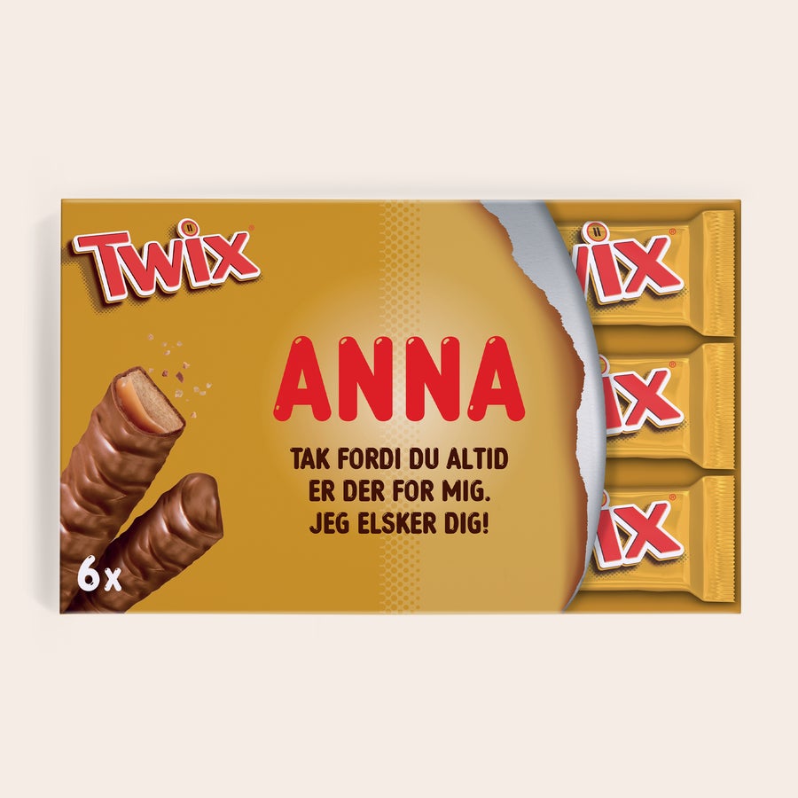 Mega Twix chokolade med navn og billede Twix chokolader i gaveæske med navn og billede, trykt med ANNA og personlig hilsen