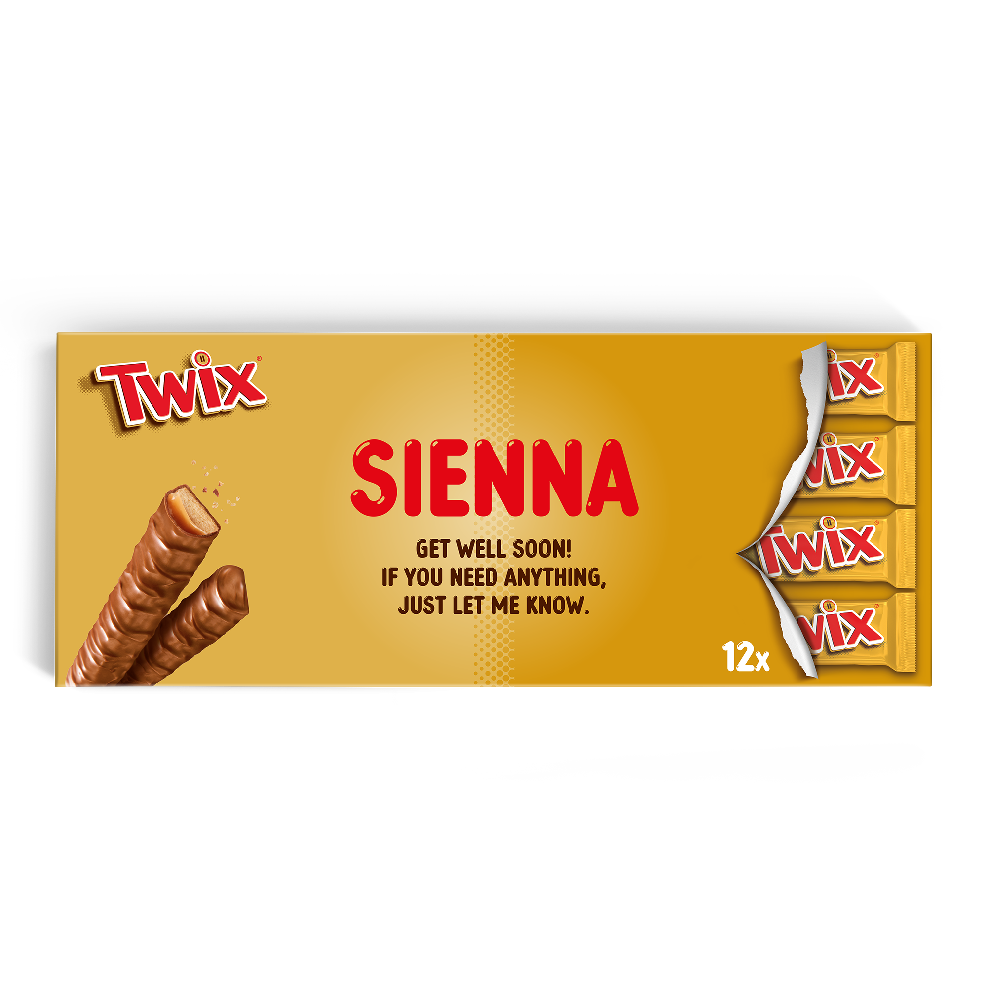 Personalised XXL Twix chocolate bar with name Sienna and Get Well Soon message printed on a golden wrapper