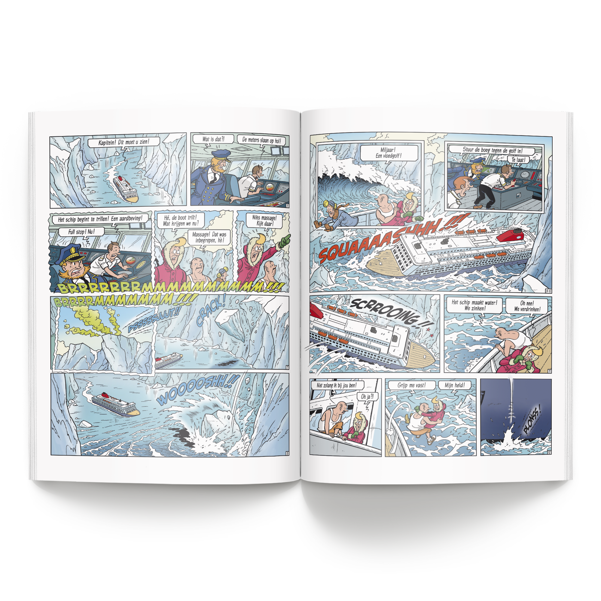 Persoonlijk stripboek - Suske en Wiske 'De Planeetvreter' (Softcover), opengeslagen met een gepersonaliseerde stripverhaalpagina die een spannende scène toont.