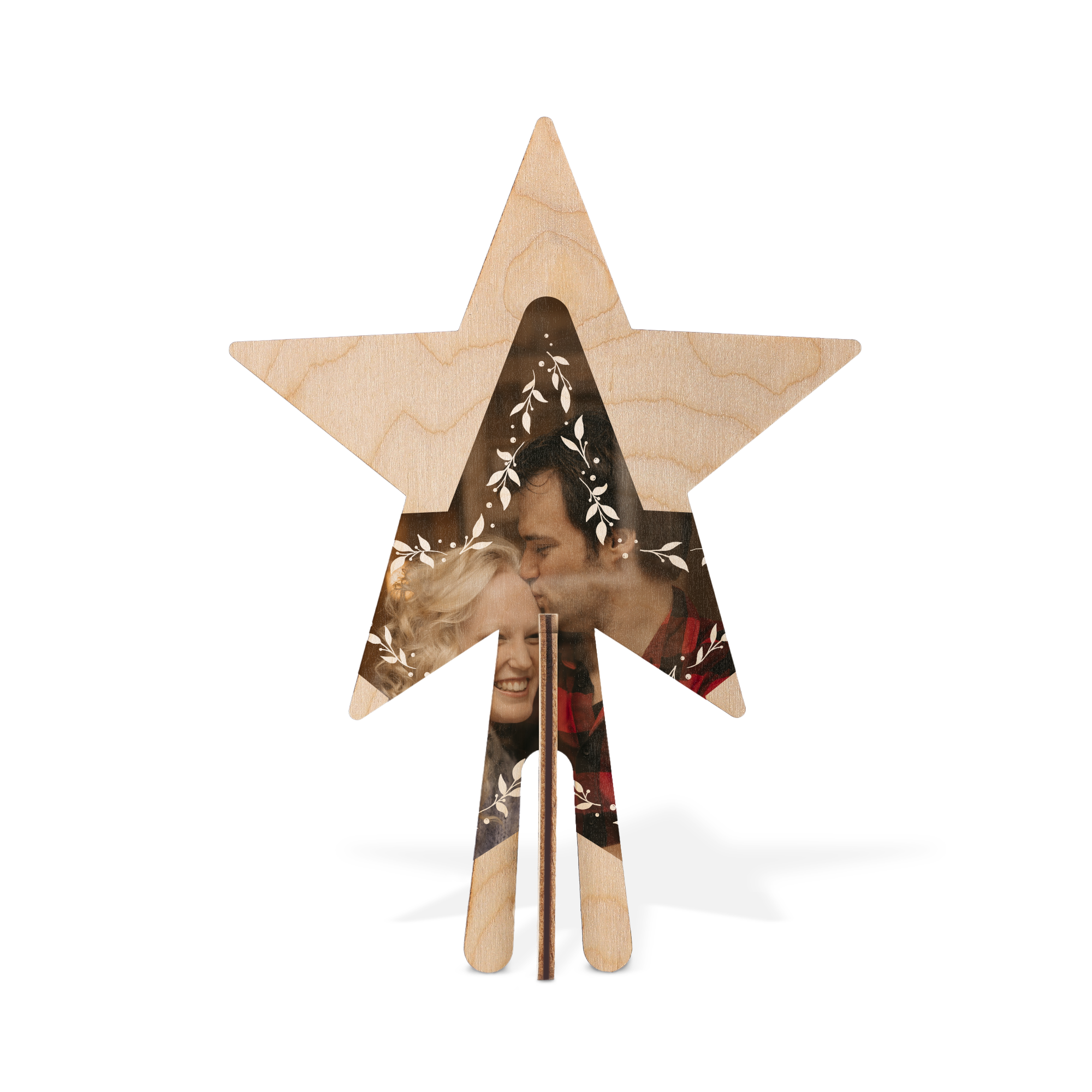 Skräddarsydd trätopp med UV-tryckt foto av ett par och vita julkvistar. Krön julen med en personlig touch.