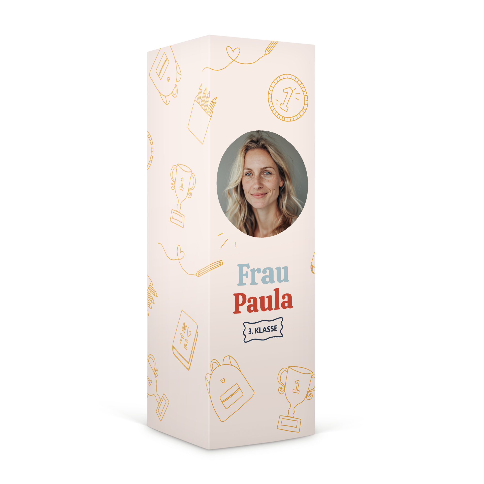 Personalisierte Süßigkeiten-Geschenkbox für Lehrer, bedruckt mit Foto, Name Frau Paula und 3. Klasse