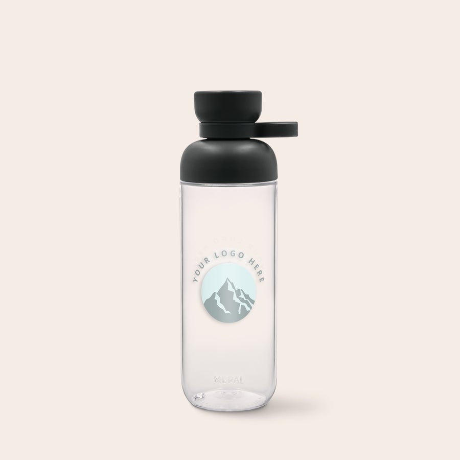 Bouteilles Mepal Vita Bouteille d'eau Mepal transparente avec bouchon noir, logo de montagne personnalisé imprimé, chaque gorgée sera un moment spécial.