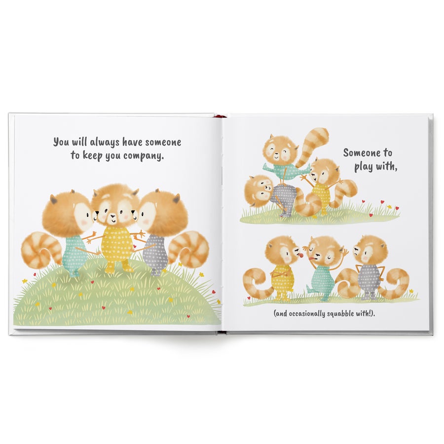 Personalised book - Twins or Triplets Personalized twin or triplet book showing red pandas playing, printed with custom names