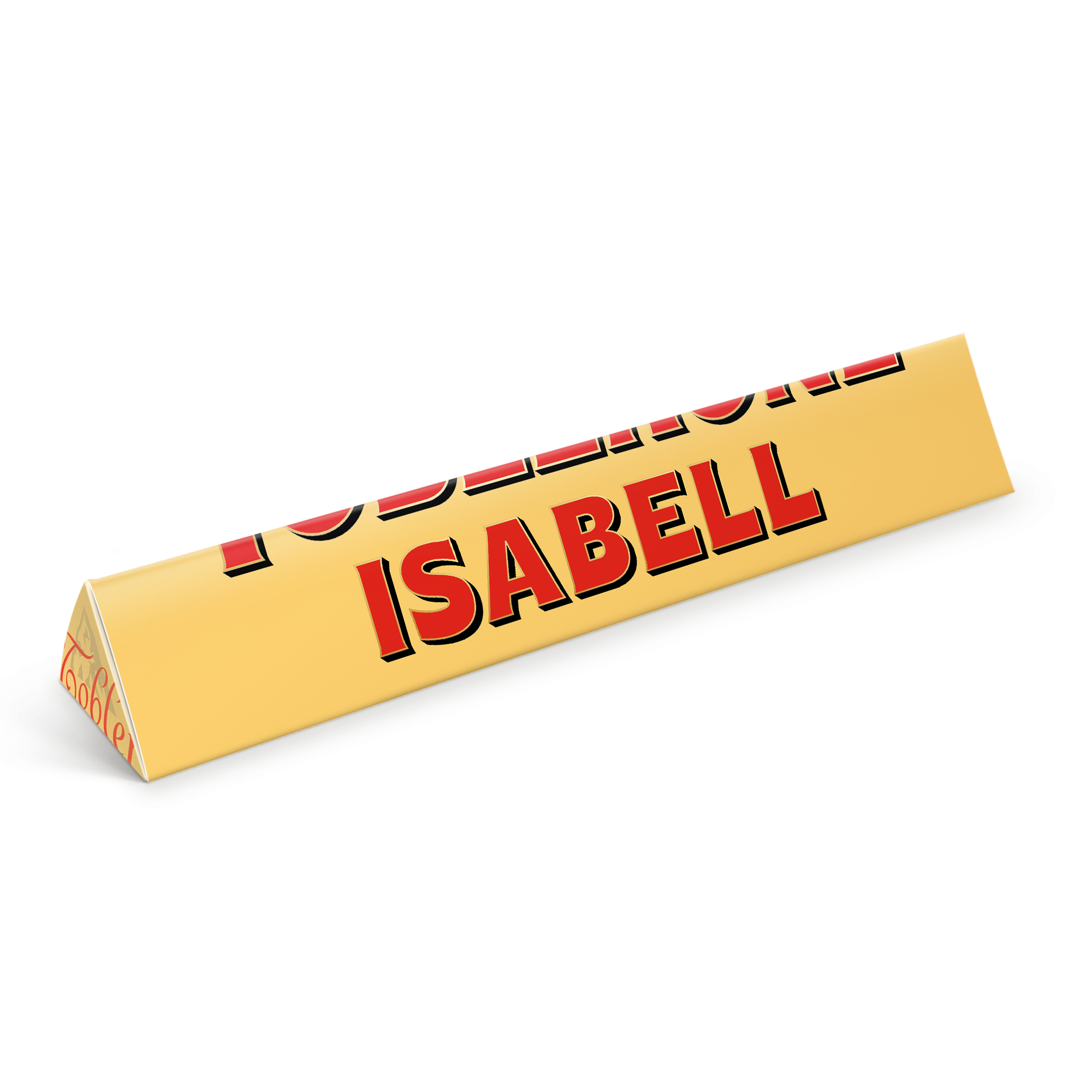 Personlig Toblerone sjokolade med navnet Isabell trykt på emballasjen, klar til å gis bort.