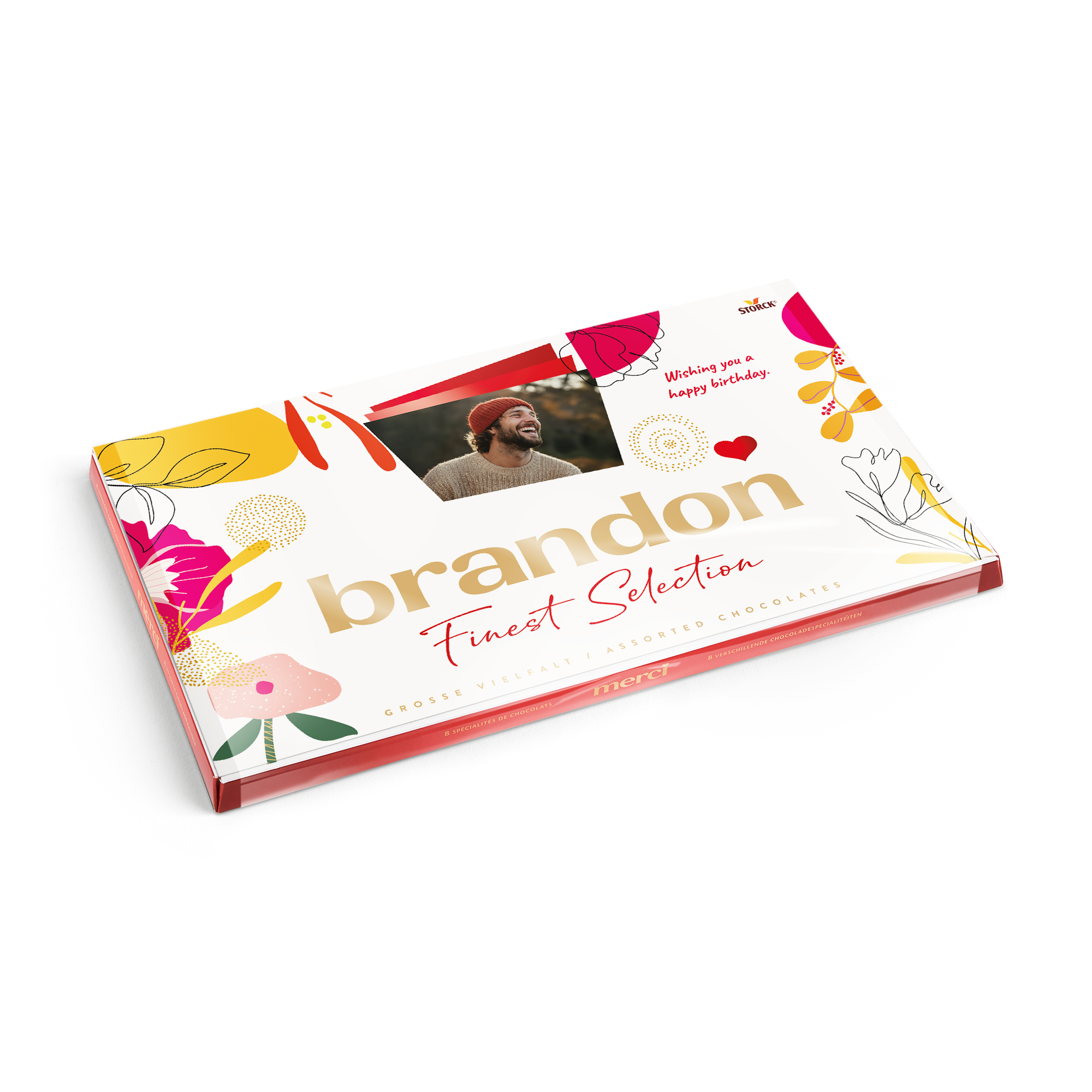 Merci chocolate with personalised card - 400 grams, with a custom photo and the name Brandon printed on a colorful floral design, saying Wishing you a happy birthday.