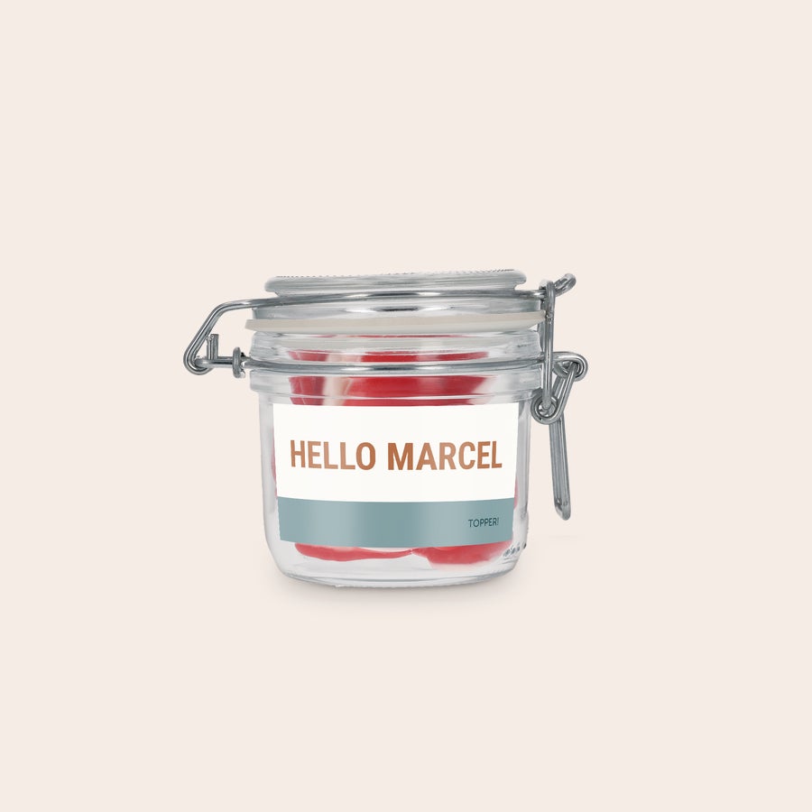 Snoeppot bedrukken Bedrukte snoeppot met hartjes, gepersonaliseerd met de naam Marcel en tekst Topper