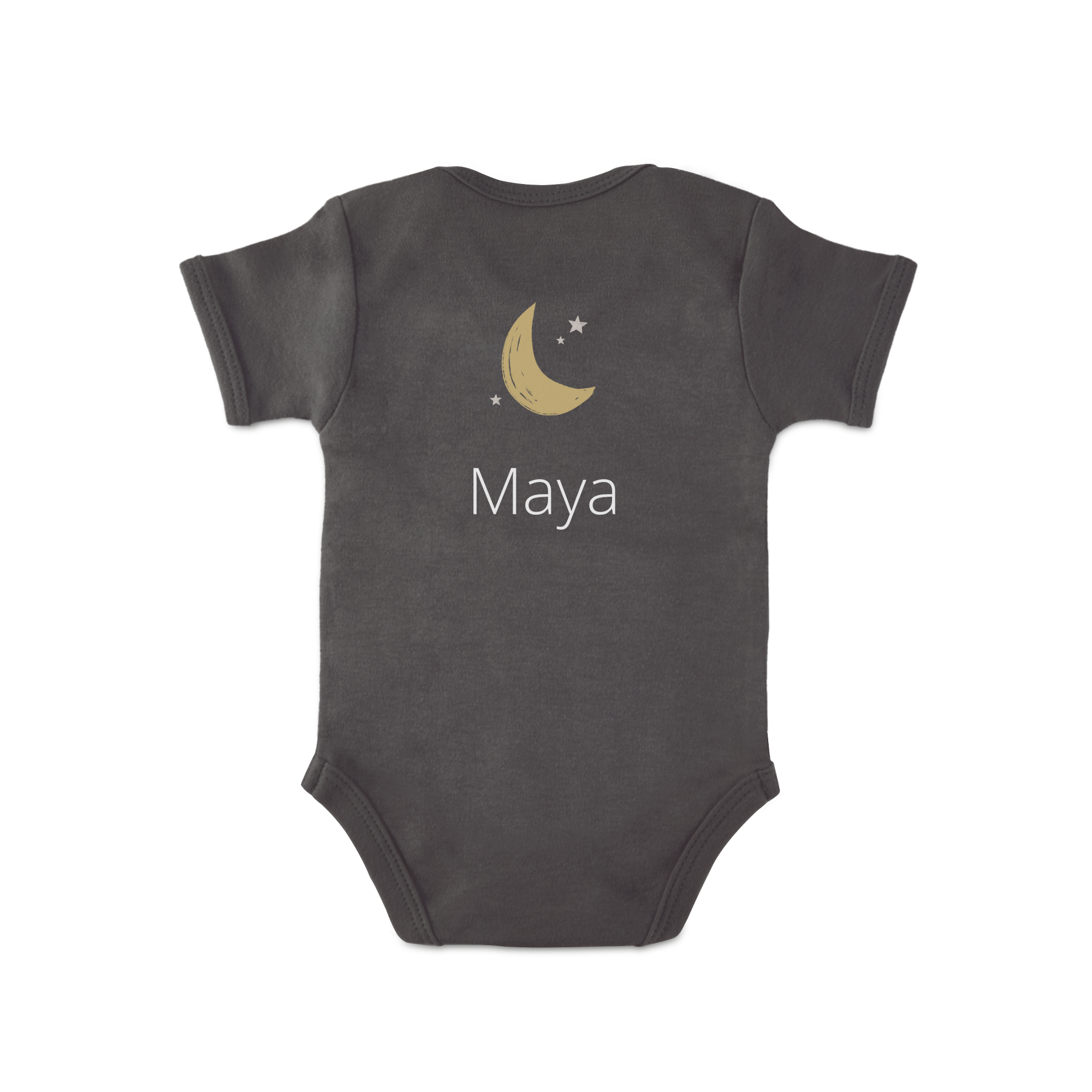 Body neonato personalizzato grigio scuro con stampa luna e stelle e il nome "Maya"