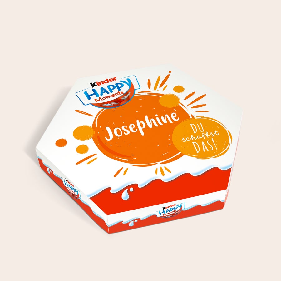 kinder Happy Moments selbst gestalten Kinder Happy Moments Box mit personalisiertem Namen Josephine und Botschaft "DU schaffst DAS!" auf orange-weißem Design bedruckt