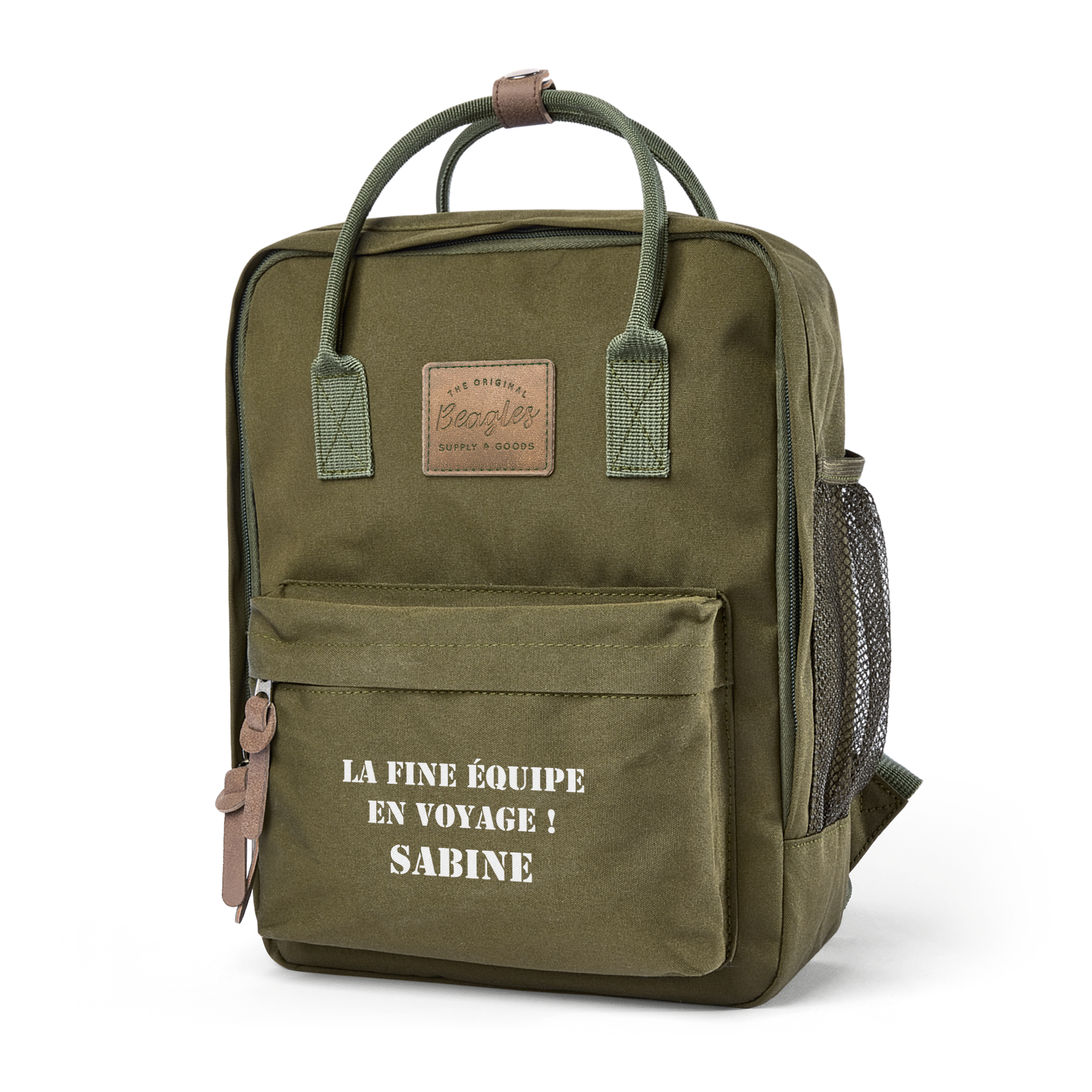 Sac à dos vert olive personnalisé imprimé avec le texte La fine équipe en voyage Sabine