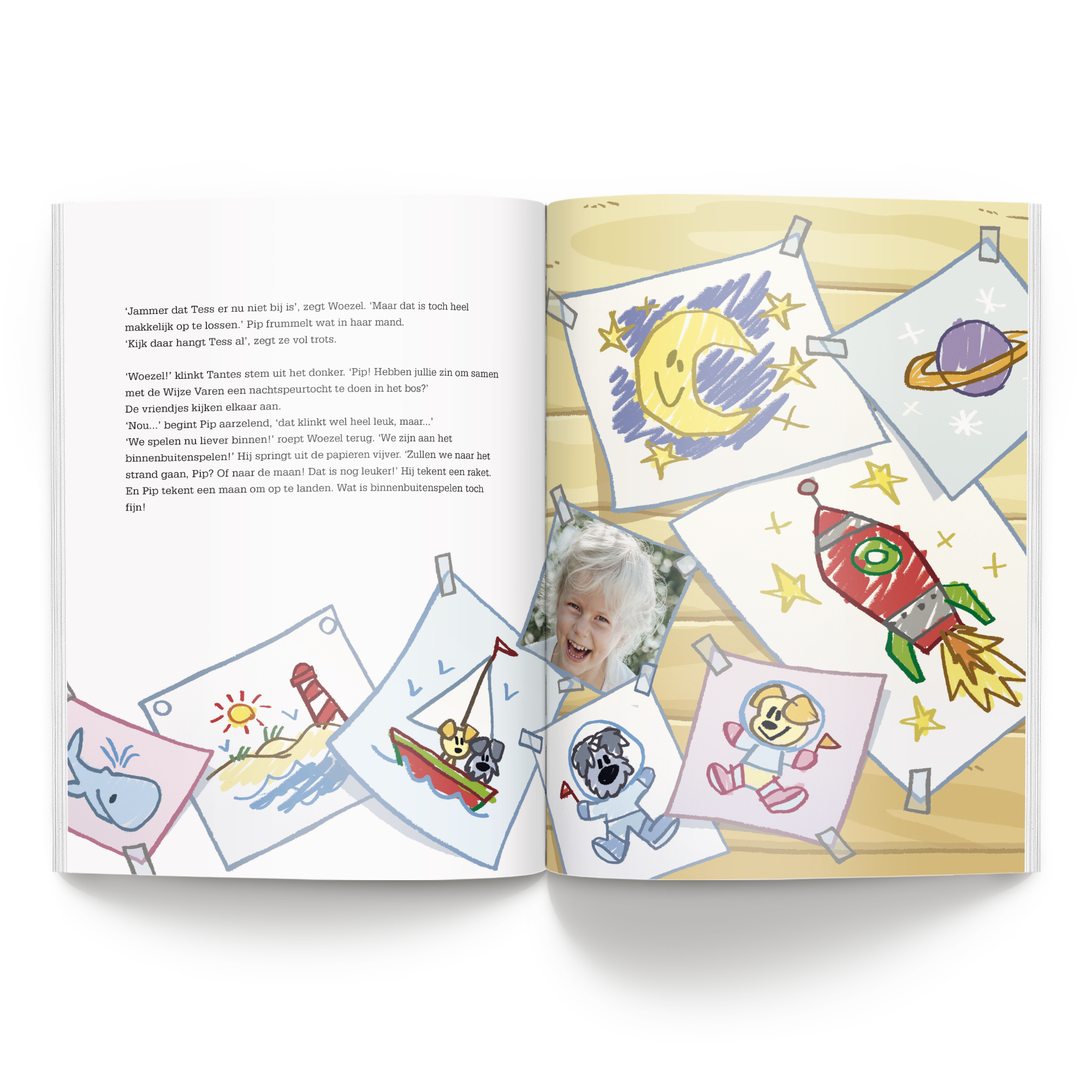Boek met naam en foto Woezel & Pip Winterboek XL Softcover, gepersonaliseerd met foto van een lachend kind.