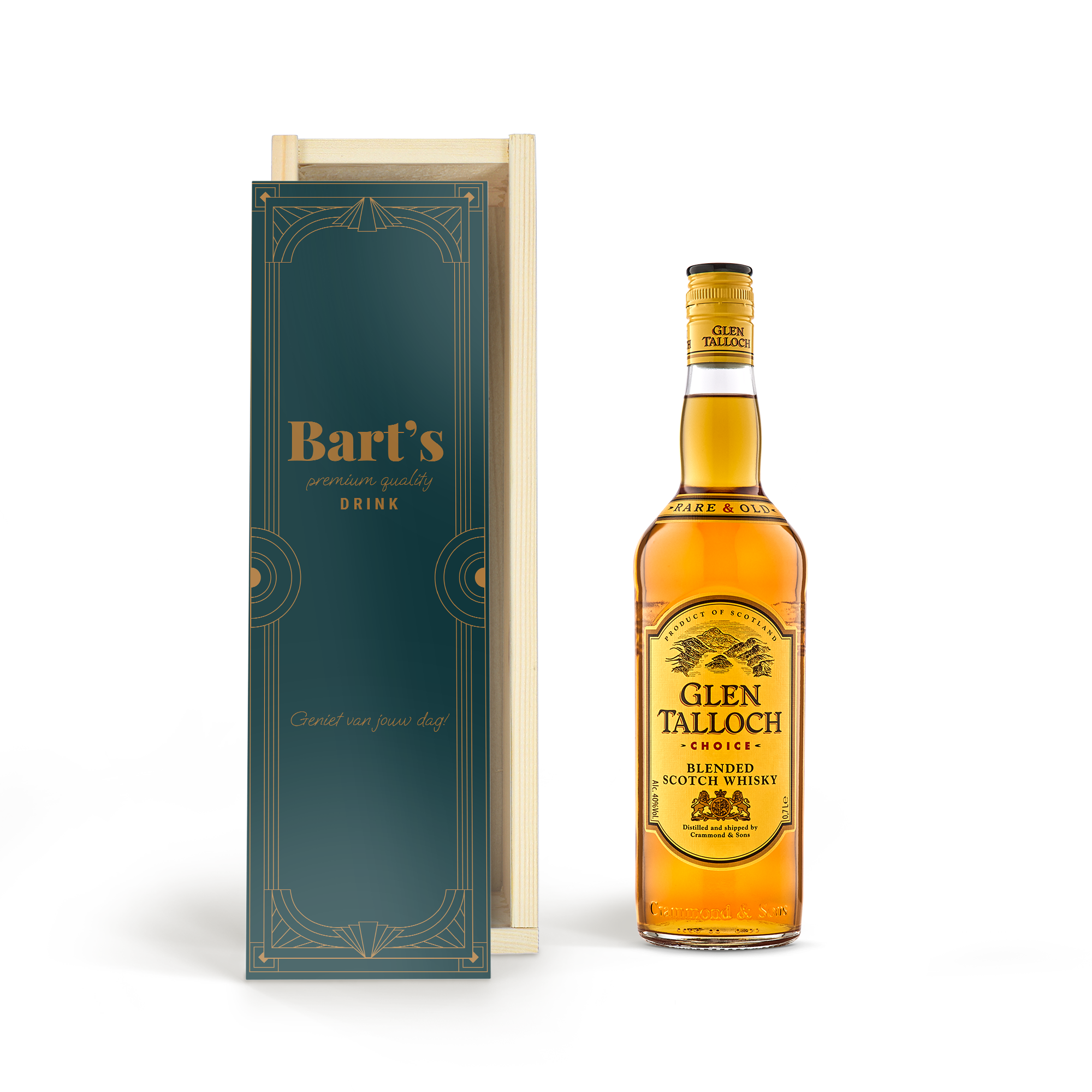 Fles Glen Talloch whisky in bedrukte houten kist met de naam Bart's en tekst "Geniet van jouw dag!".