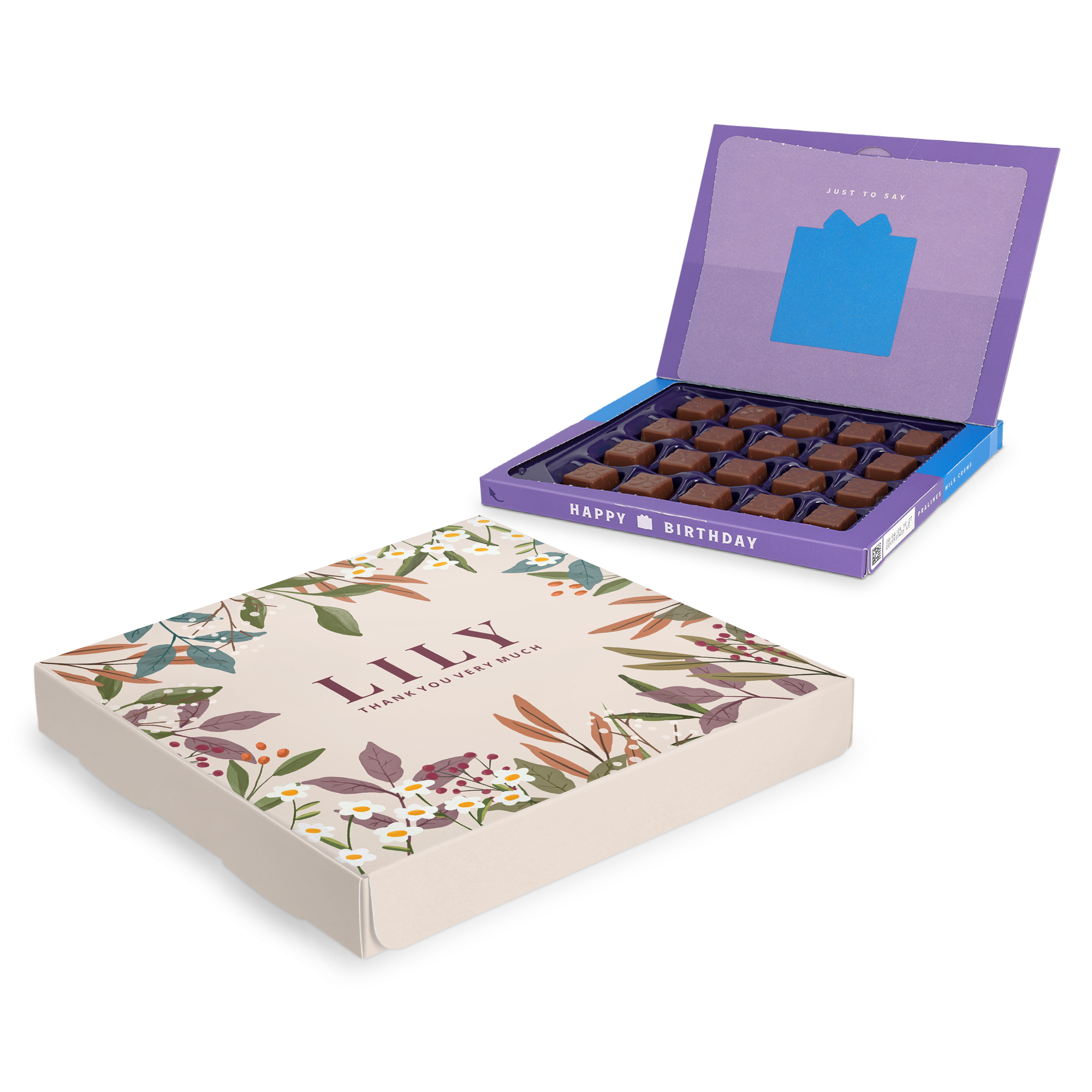 Personalizovaná darčeková krabička Milka s menom Lily a textom Thank you very much, vytlačená plnofarebne s kvetinovým motívom, otvorená krabička s nápisom Happy Birthday a čokoládovými pralinkami.