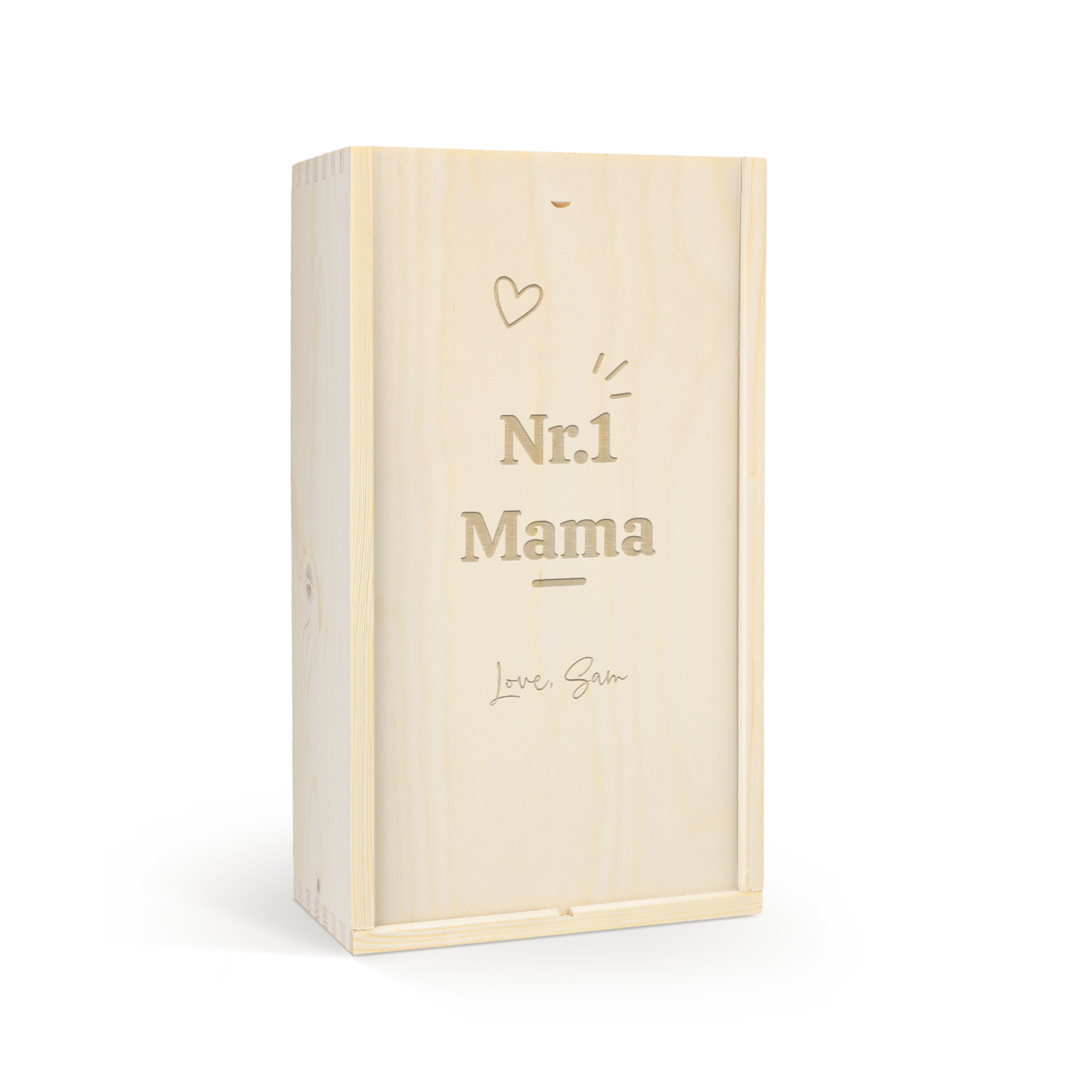 Belvy wine set in a personalized engraved wine case with "Nr.1 Mama" and "Love, Sam" text