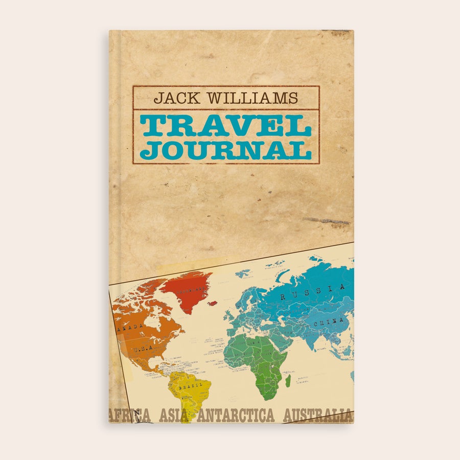 Book - Travel journal Personalized travel journal with "Jack Williams Travel Journal" printed on the cover and a world map design