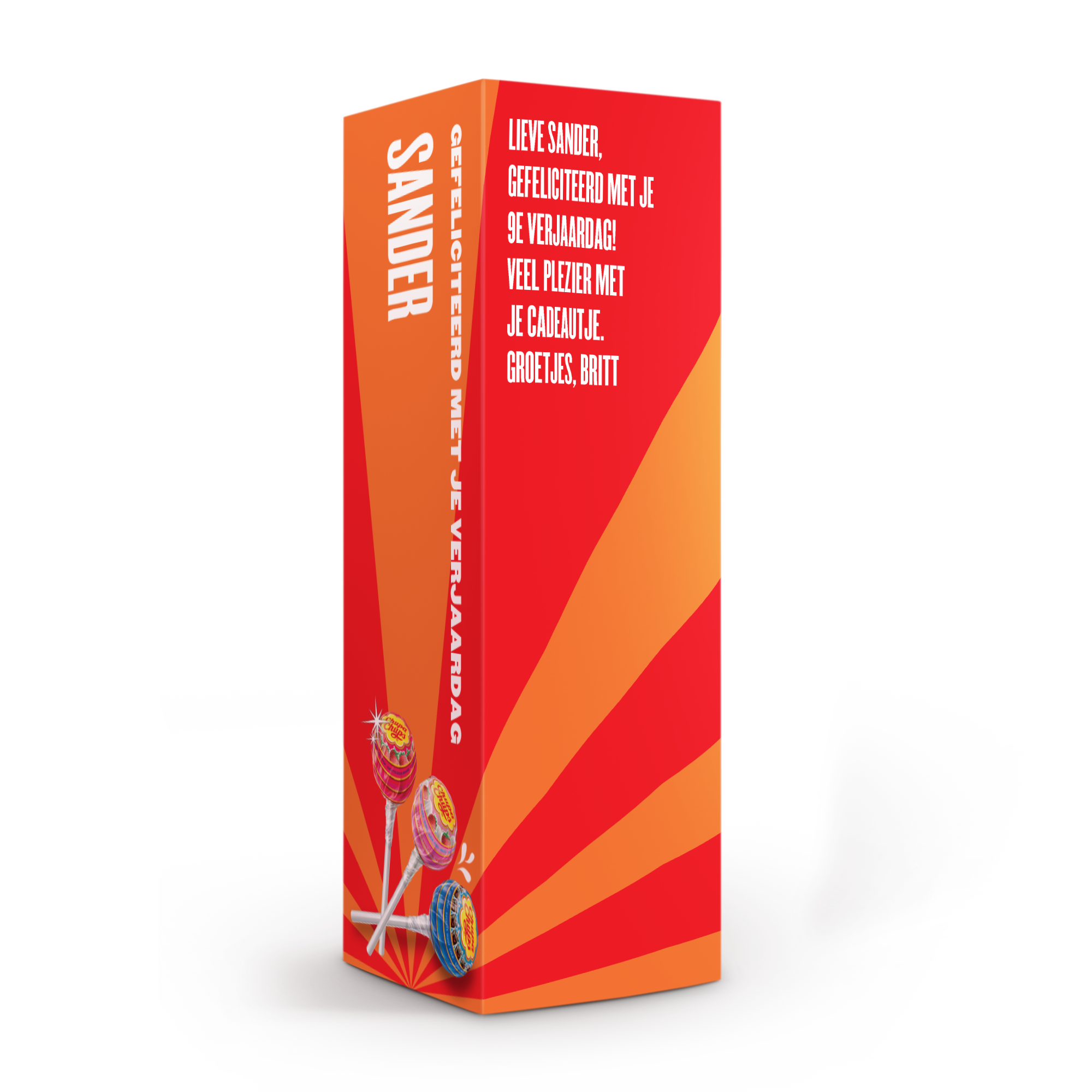 Gepersonaliseerde Chupa Chups-giftbox met tekst 'Lieve Sander, Gefeliciteerd met je 9e verjaardag!' en lolly-afbeeldingen.