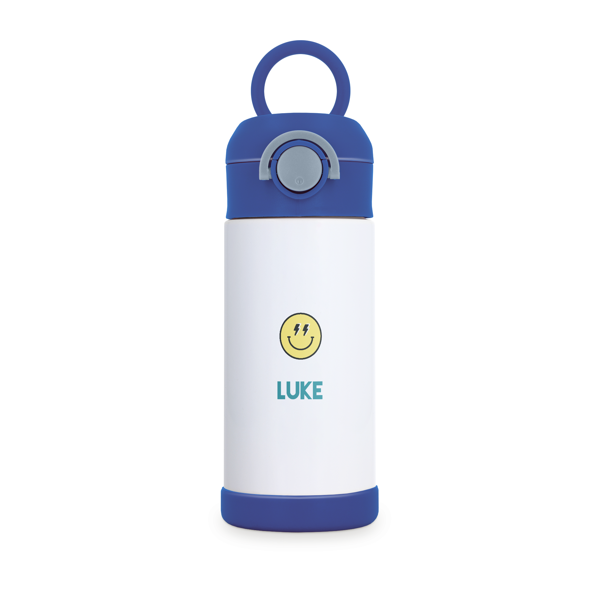 Botella de agua de acero inoxidable para niños, personalizada con nombre "Luke" e icono de cara sonriente, con tapa azul.