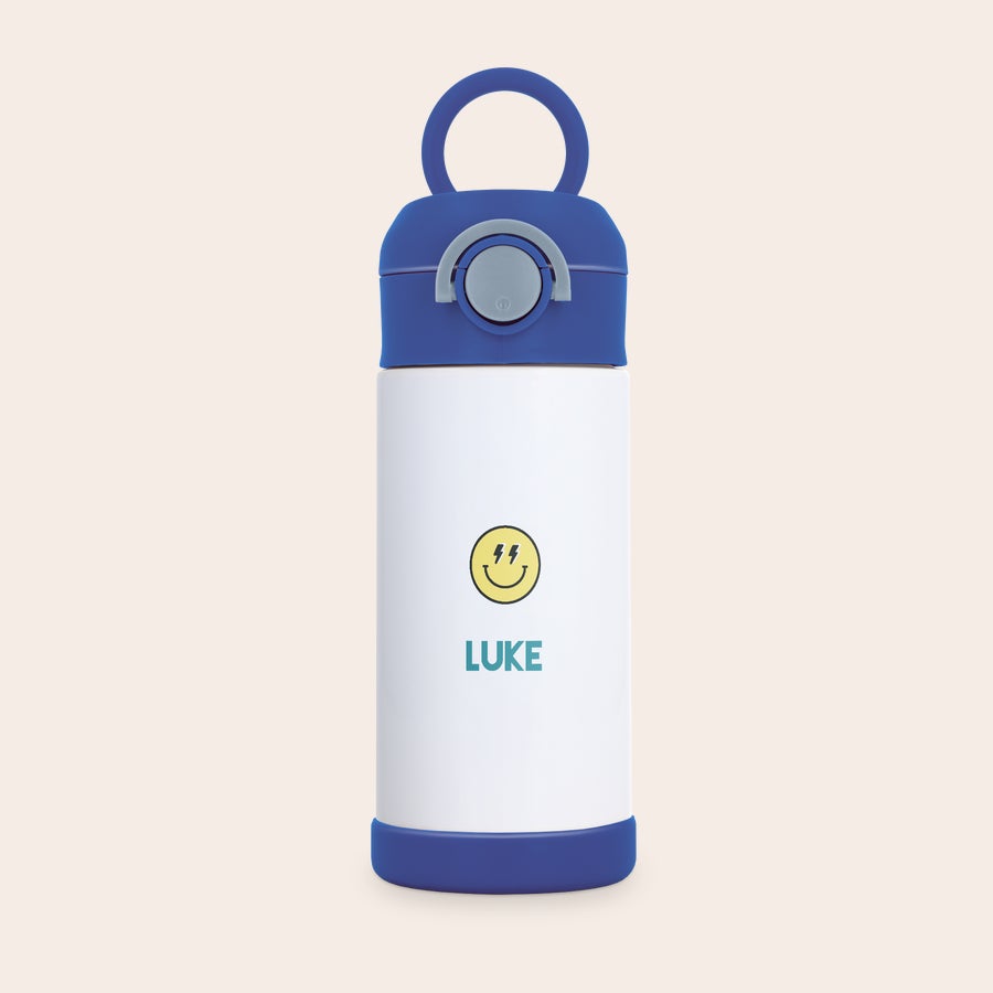 Botella de agua para niños con foto Botella de agua de acero inoxidable para niños, personalizada con nombre "Luke" e icono de cara sonriente, con tapa azul.