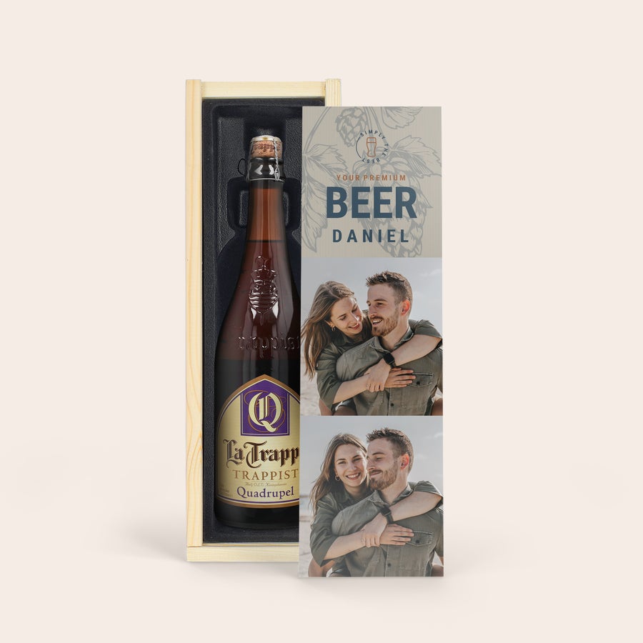 La Trappe Isid'or Bere personalizată La Trappe Quadrupel într-o cutie de lemn cu capac personalizat cu fotografii și numele Daniel