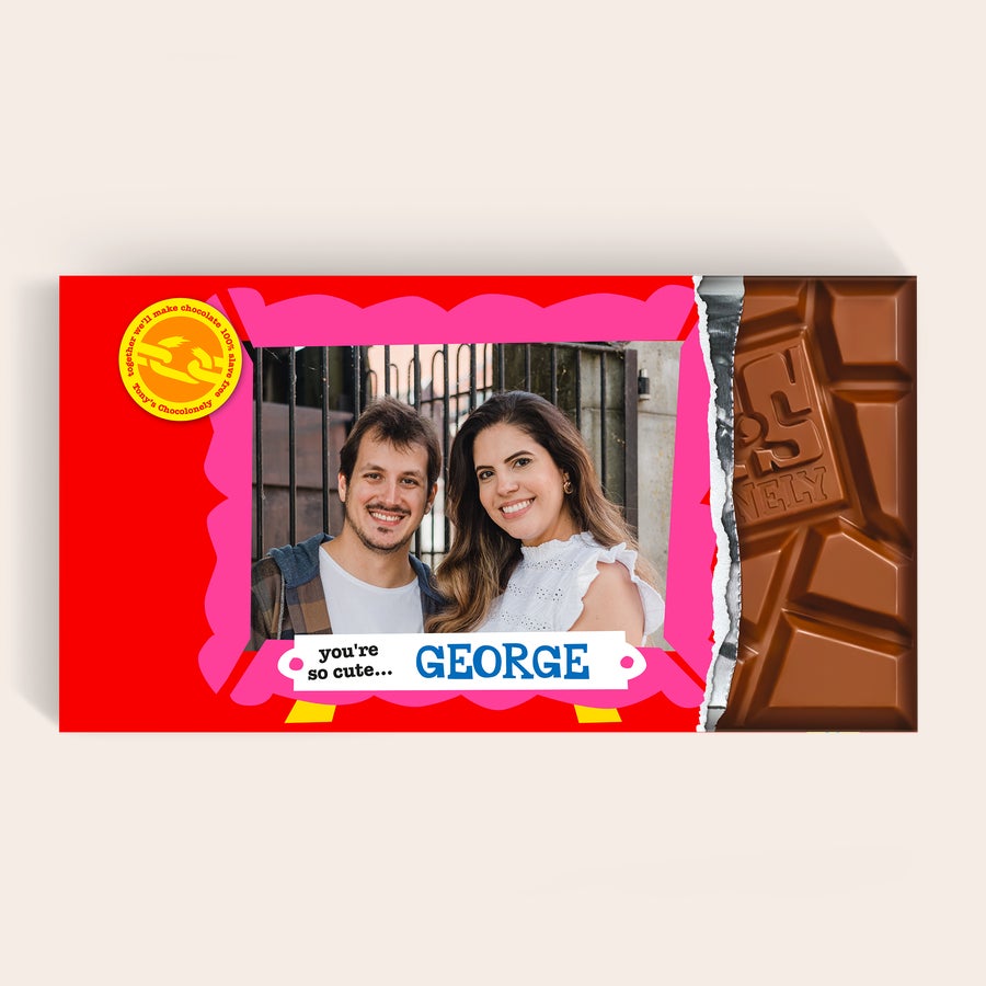 XL Tony's Chocolonely (5 czekolad) Ta tabliczka czekolady XL Tony's Chocolonely z wydrukowanym zdjęciem pary i imieniem George