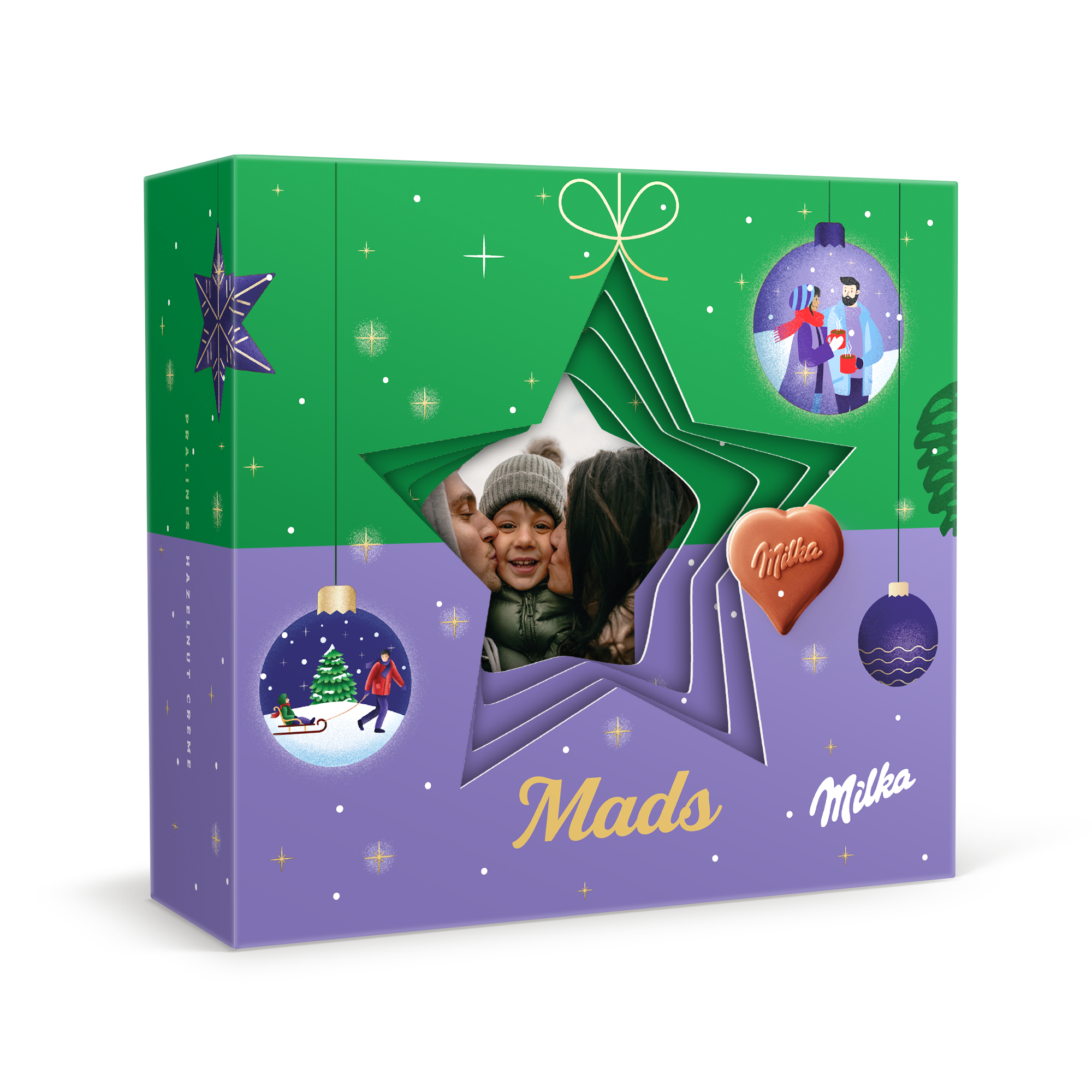 Milka hjerter i personaliseret 3D gaveæske - Jul