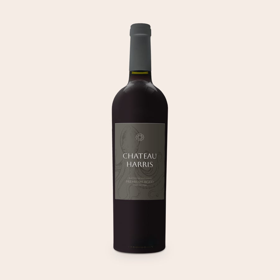 Vino Riondo Merlot Personalizzato Vino Riondo Merlot con etichetta personalizzata, stampata con il nome Chateau Harris e un polpo stilizzato