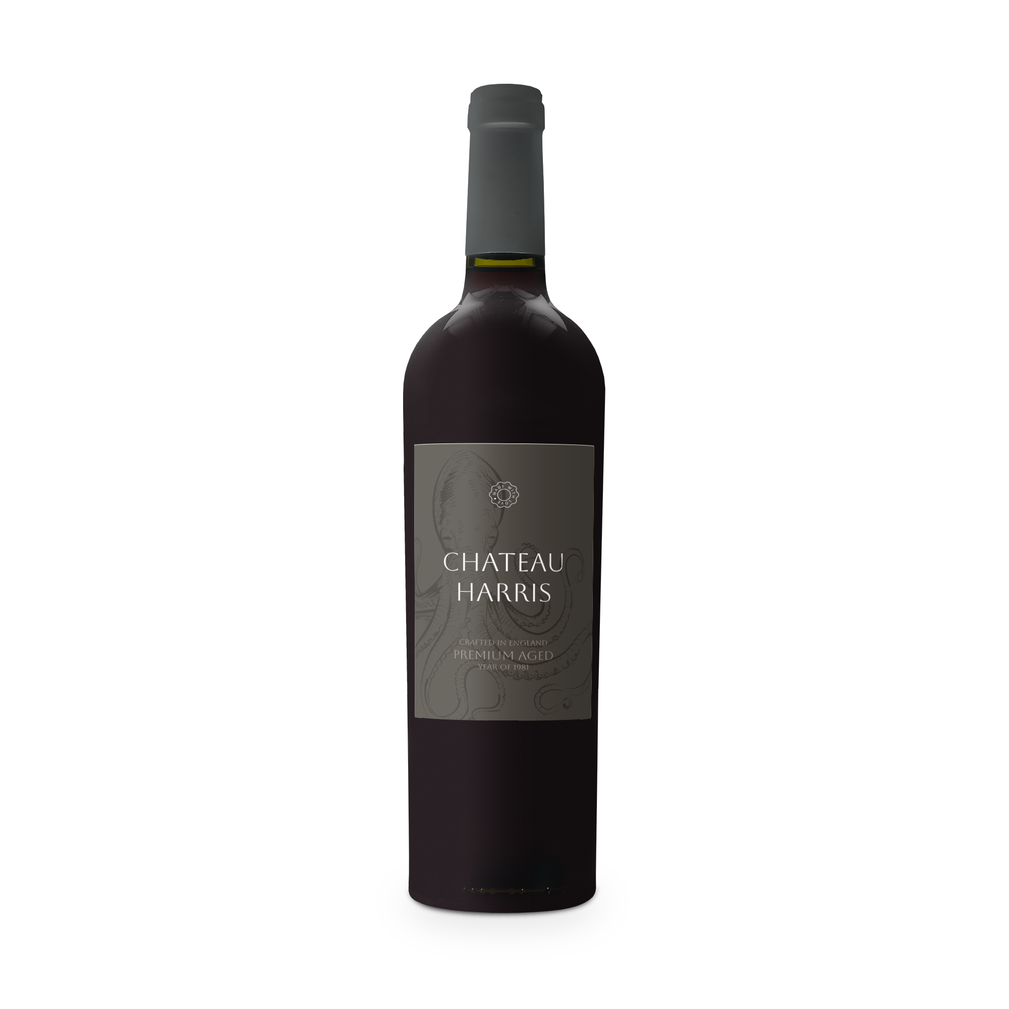 Lahev Riondo Merlot s personalizovanou etiketou CHATEAU HARRIS s potiskem 81 a chobotnice