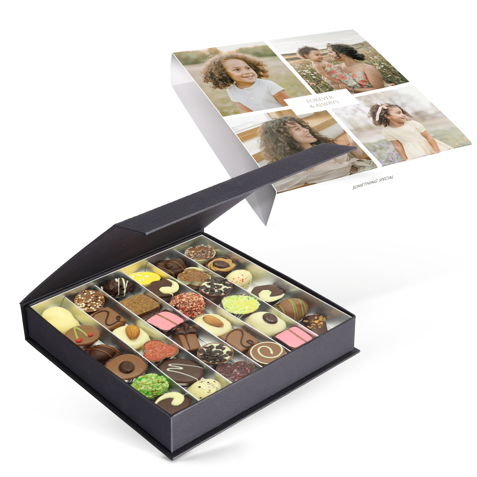 An open box of personalised deluxe chocolates with a custom photo printed sleeve showing family pictures and "Forever & Always" text