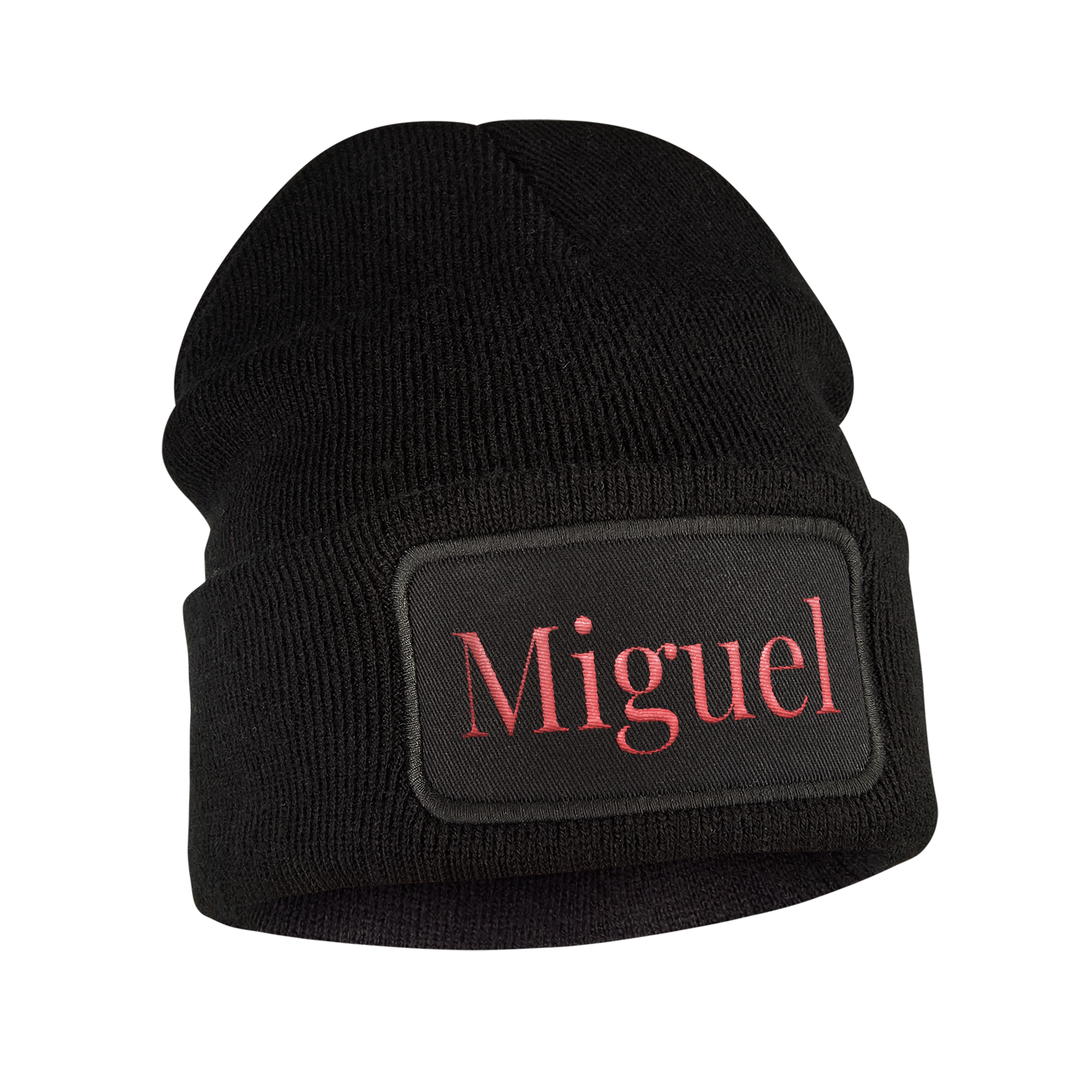 Gorro preto com o nome Miguel bordado em rosa, um gorro fresco com nome bordado