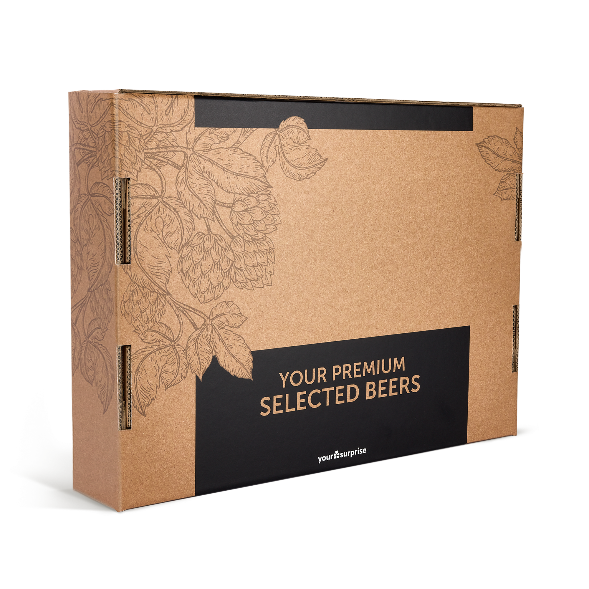Scatola regalo personalizzata con motivo floreale e scritta "YOUR PREMIUM SELECTED BEERS" in nero, ideale per sorprendili con un set regalo personalizzato di birra analcolica che conserveranno gelosamente
