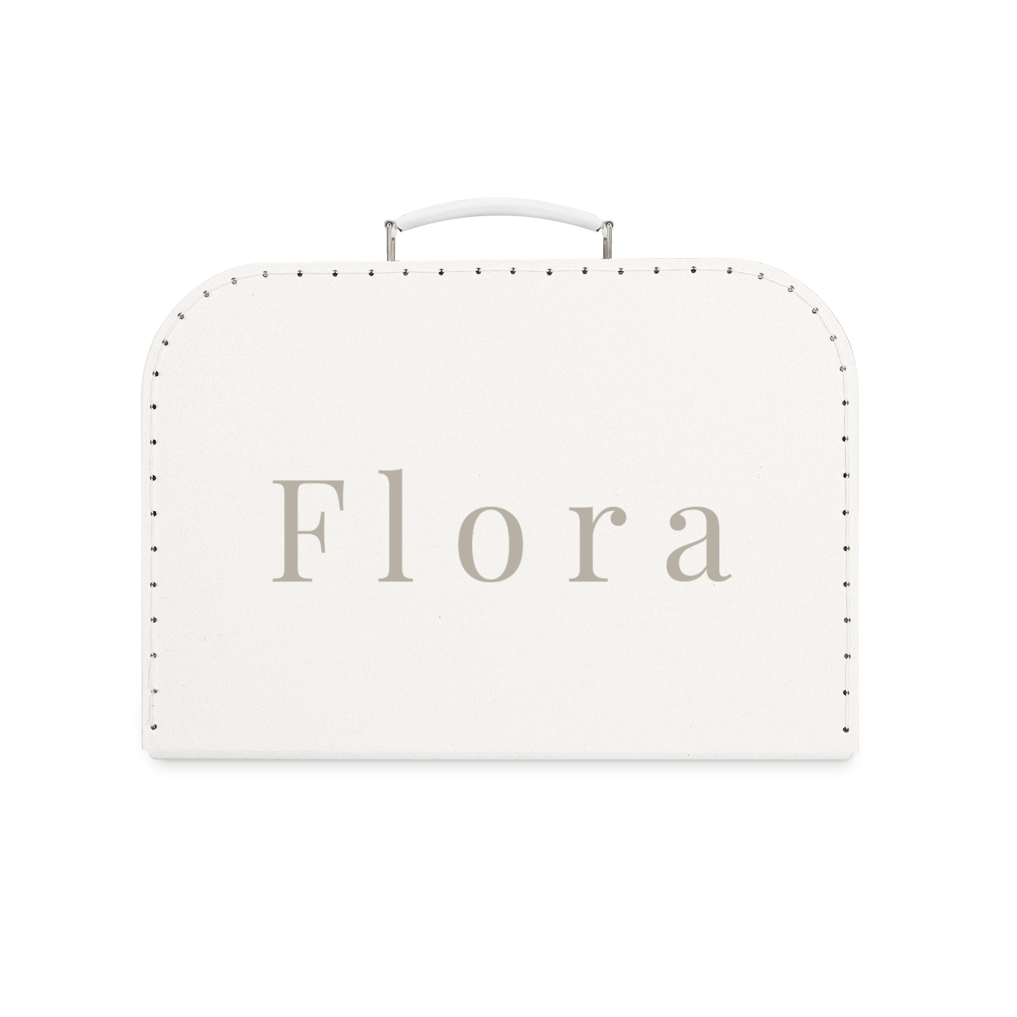 Valisette blanche personnalisée avec le prénom Flora imprimé, parfaite pour ranger les affaires et souvenirs de votre enfant.