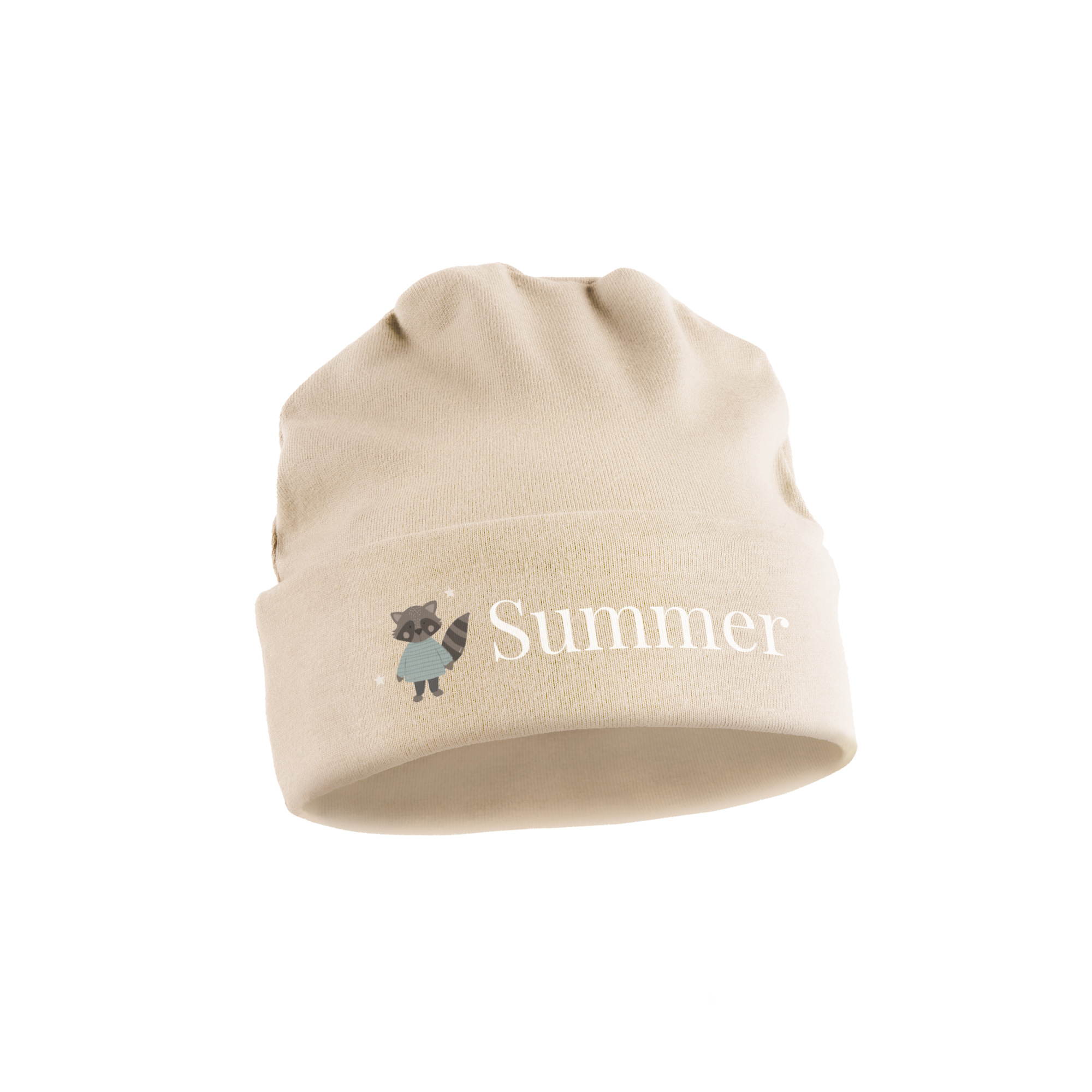 Light beige baby hat with a cute printed raccoon illustration and the name Summer